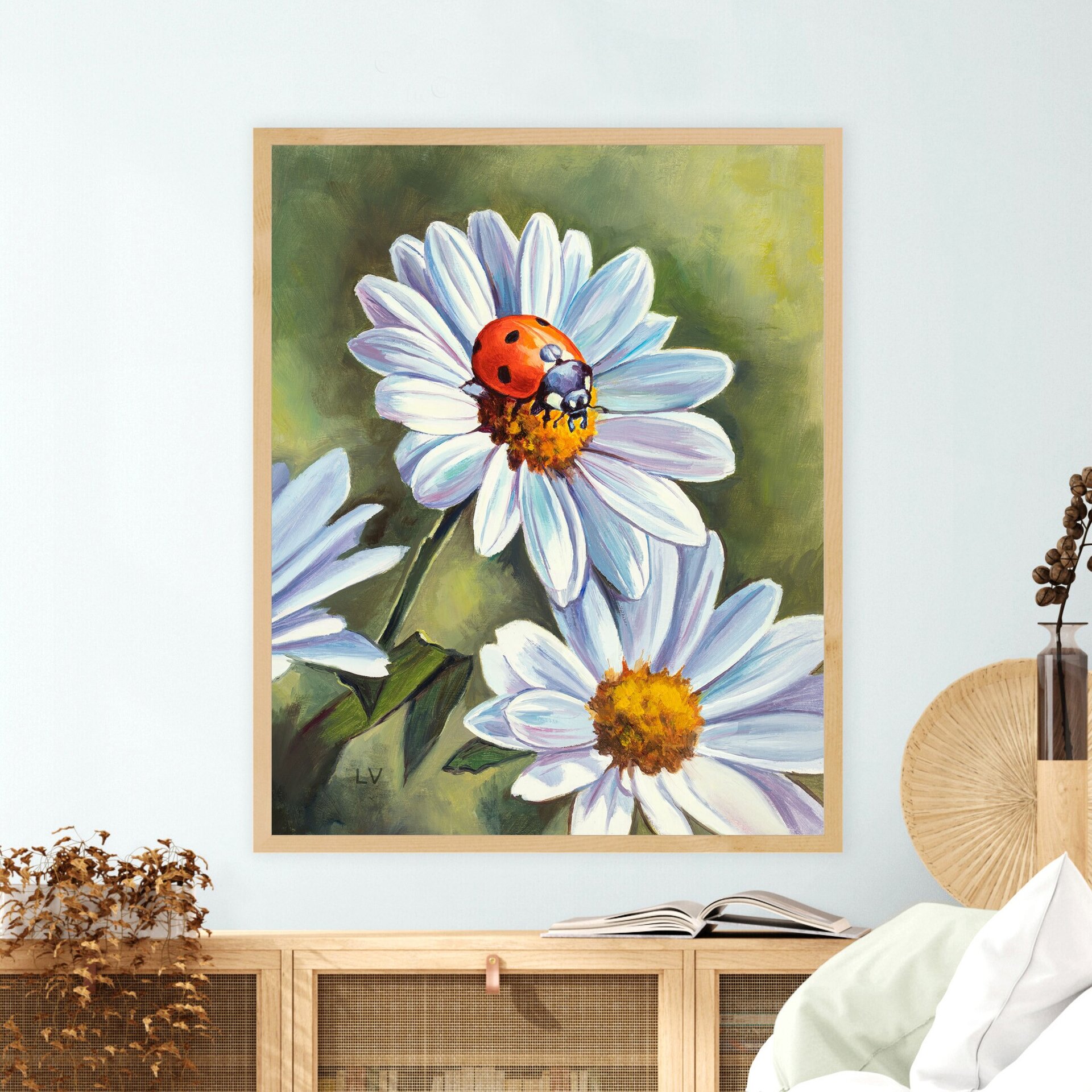 Pintura al óleo de una mariquita roja sobre flores de margarita blancas - 12