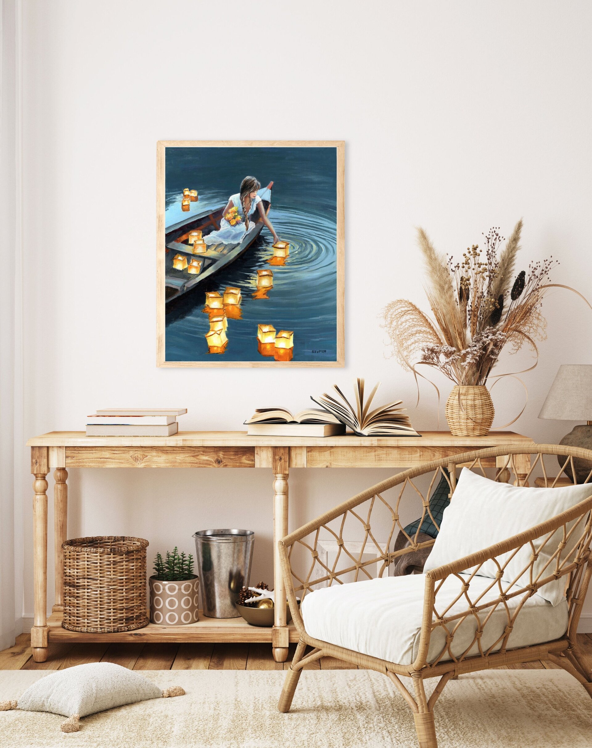 Pintura chica en barca con farolillos de luz en lago de noche, Amor, alma y paz - 9
