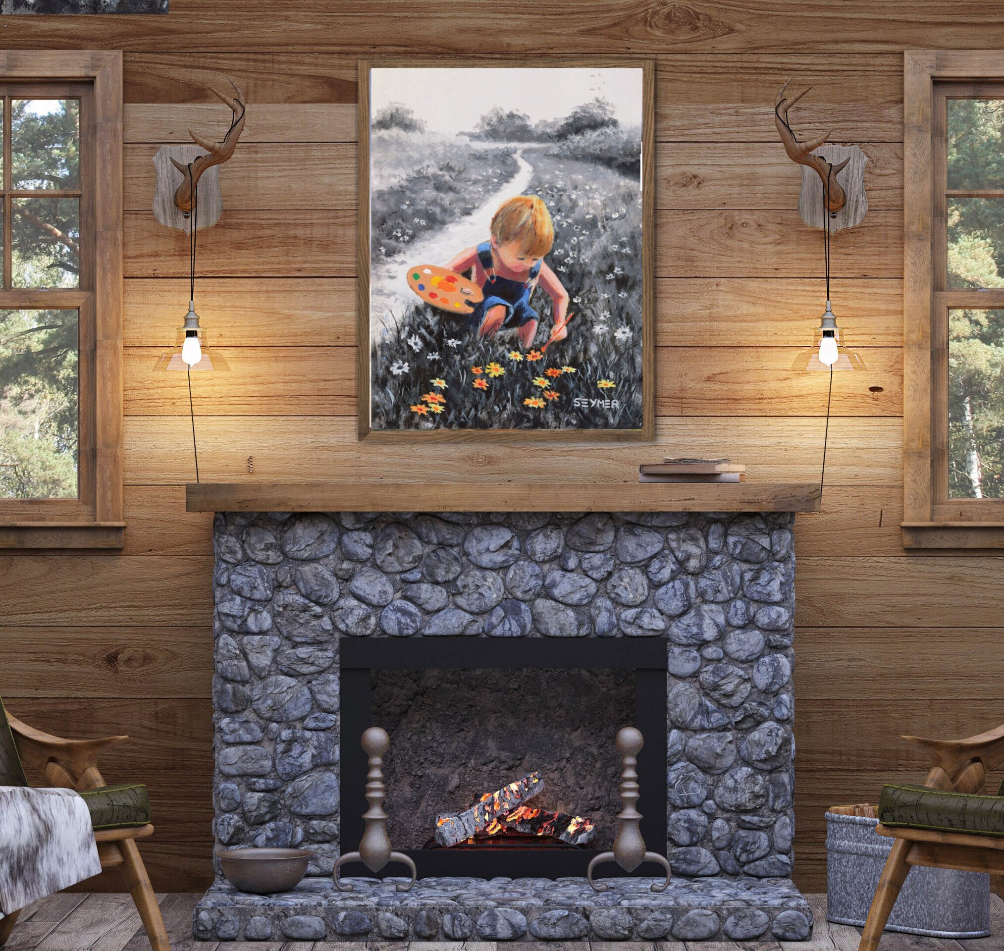 Cuadro Niño coloreando paisaje blanco y negro, Esperanza, poder de imaginación - 3