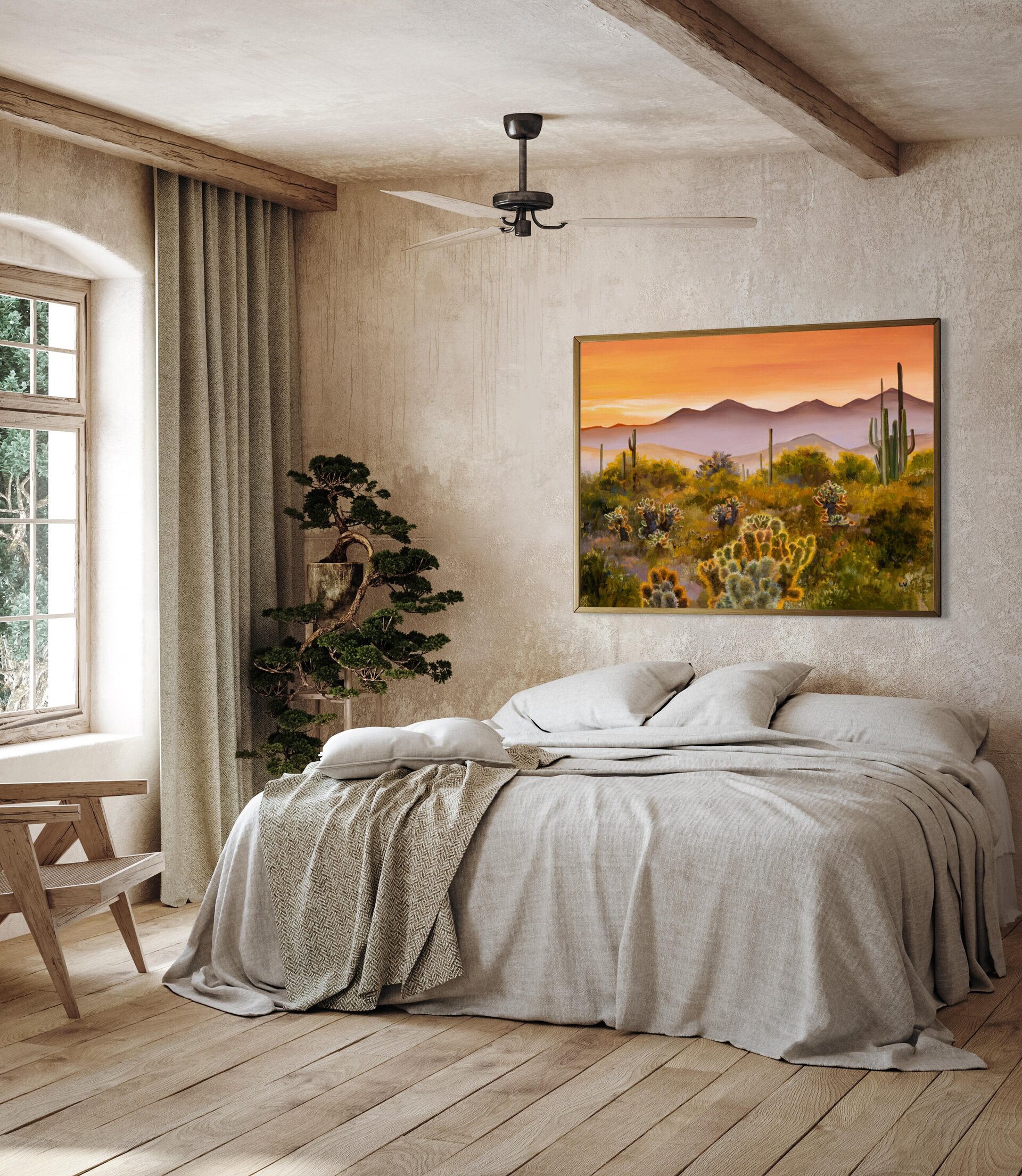 Suave pintura de desierto en tonos cálidos con cactus y paisaje árido y montañas - 7