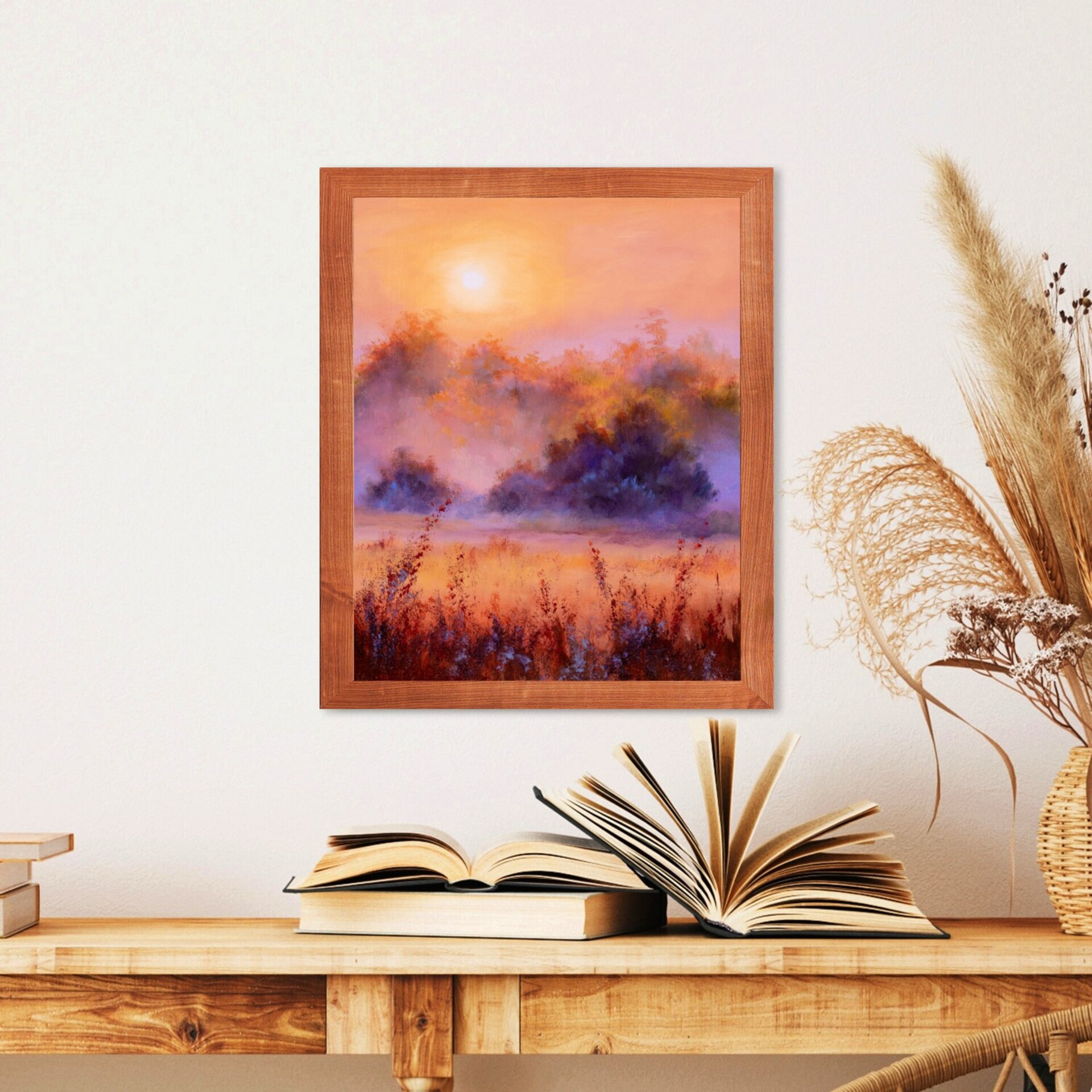 Pintura de amanecer sereno y niebla en campo de tonos dorados, naranja y morado - 7