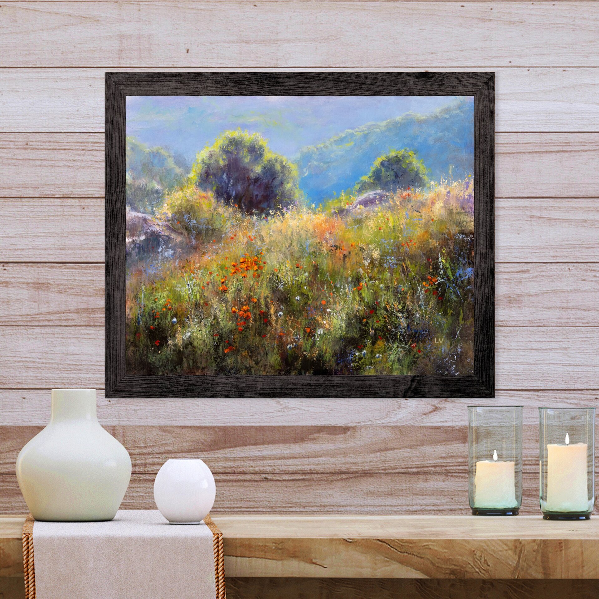 Pintura de colorido campo de flores con montañas distantes y arboles a contraluz - 5