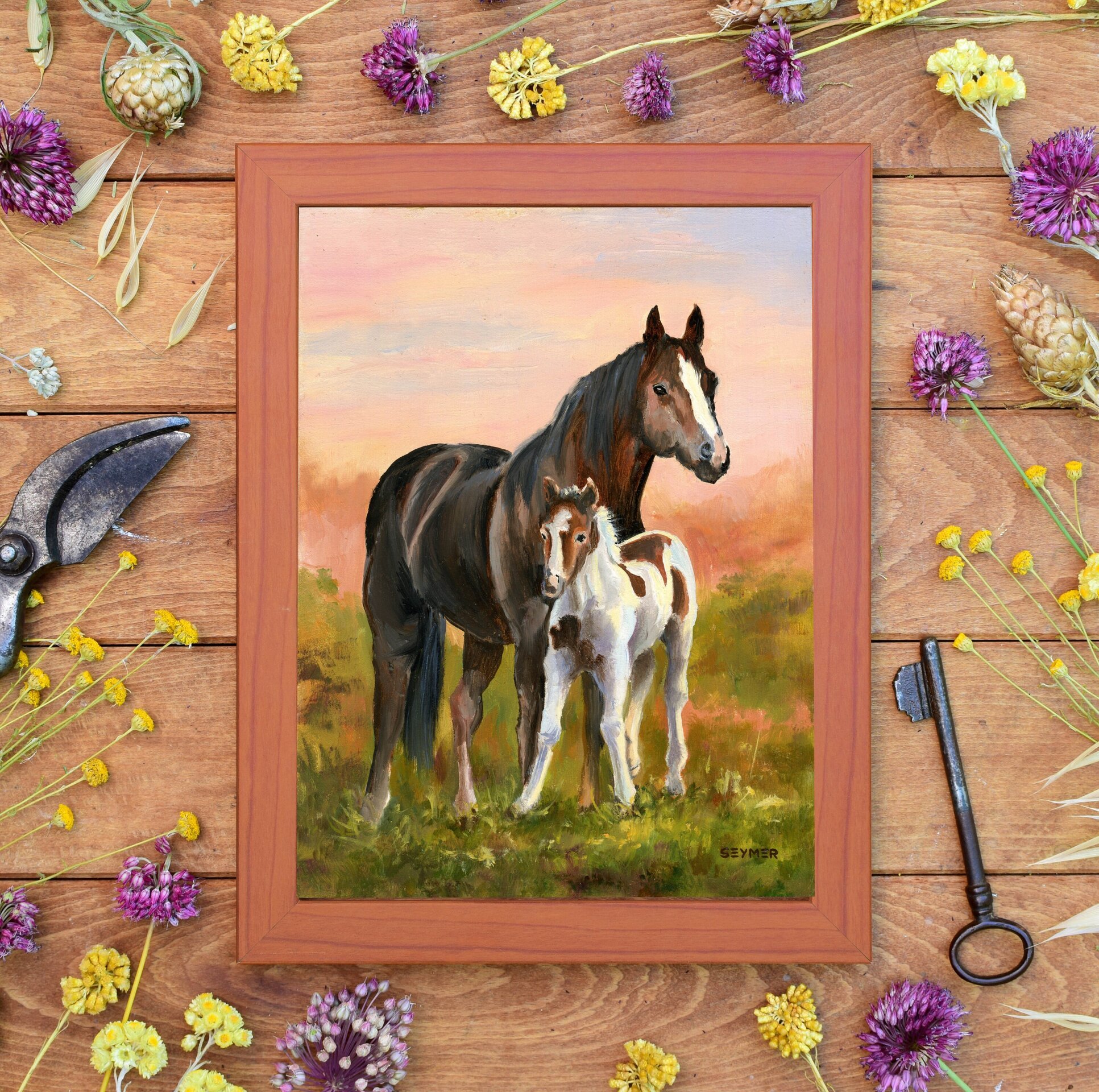 Yegua y potrillo al atardecer, Pintura cálida de serenidad, ternura y animales - 3