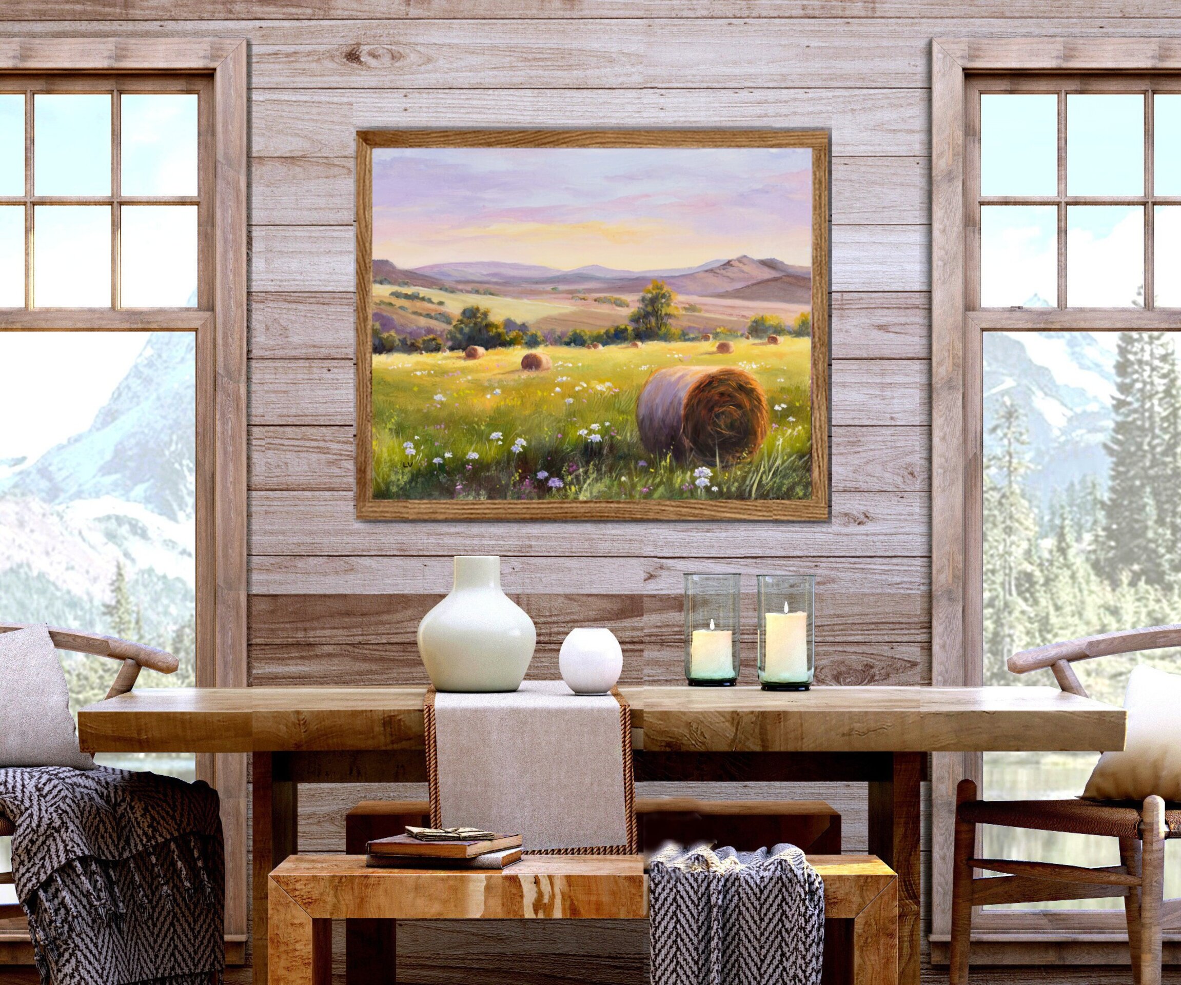 Pintura rural de campo de cultivo con balas de heno y flores, Cosecha agrícola - 8
