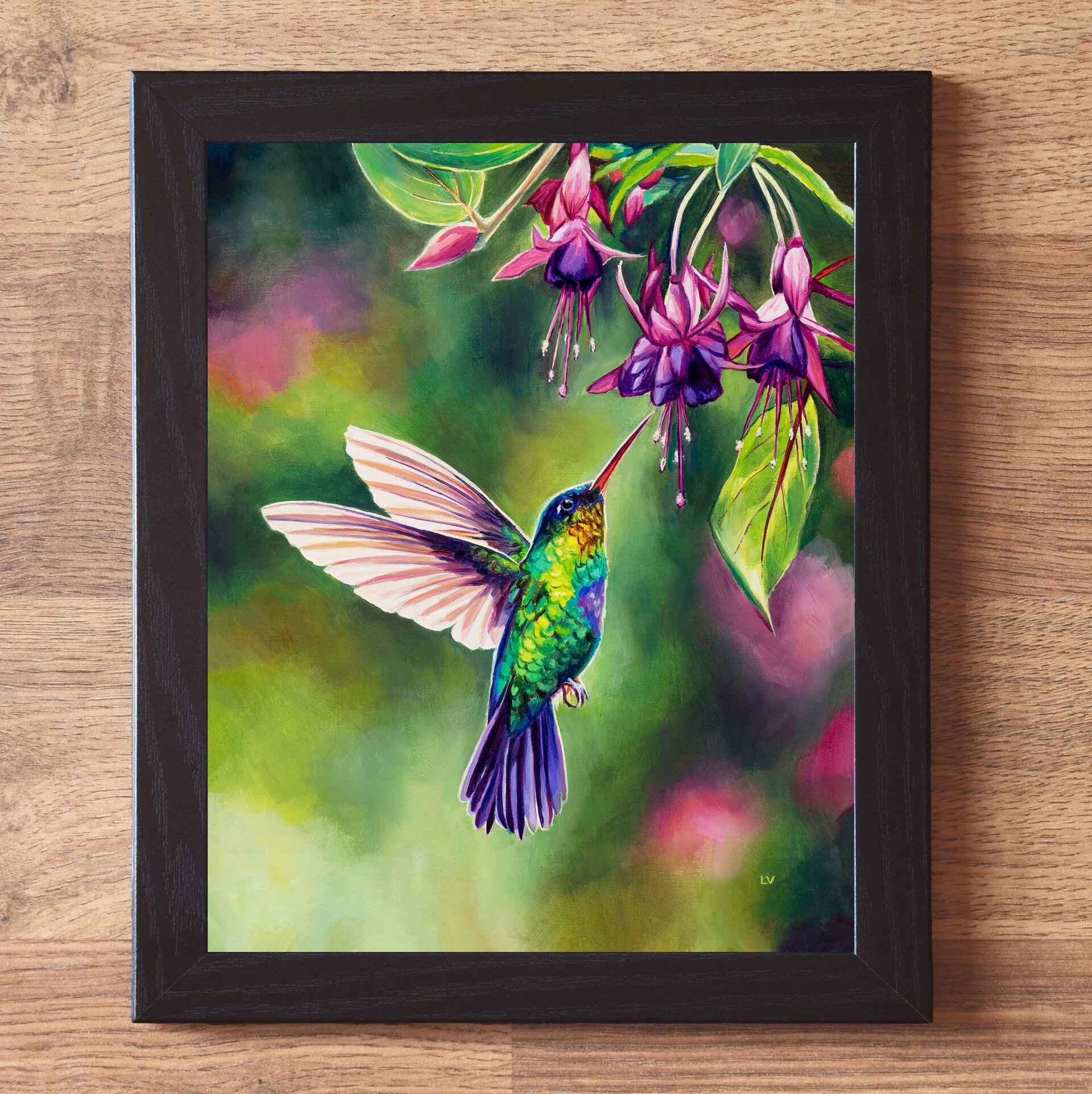 Pájaro colibrí volando con flores tropicales, Cuadro al óleo de ave exótica - 2