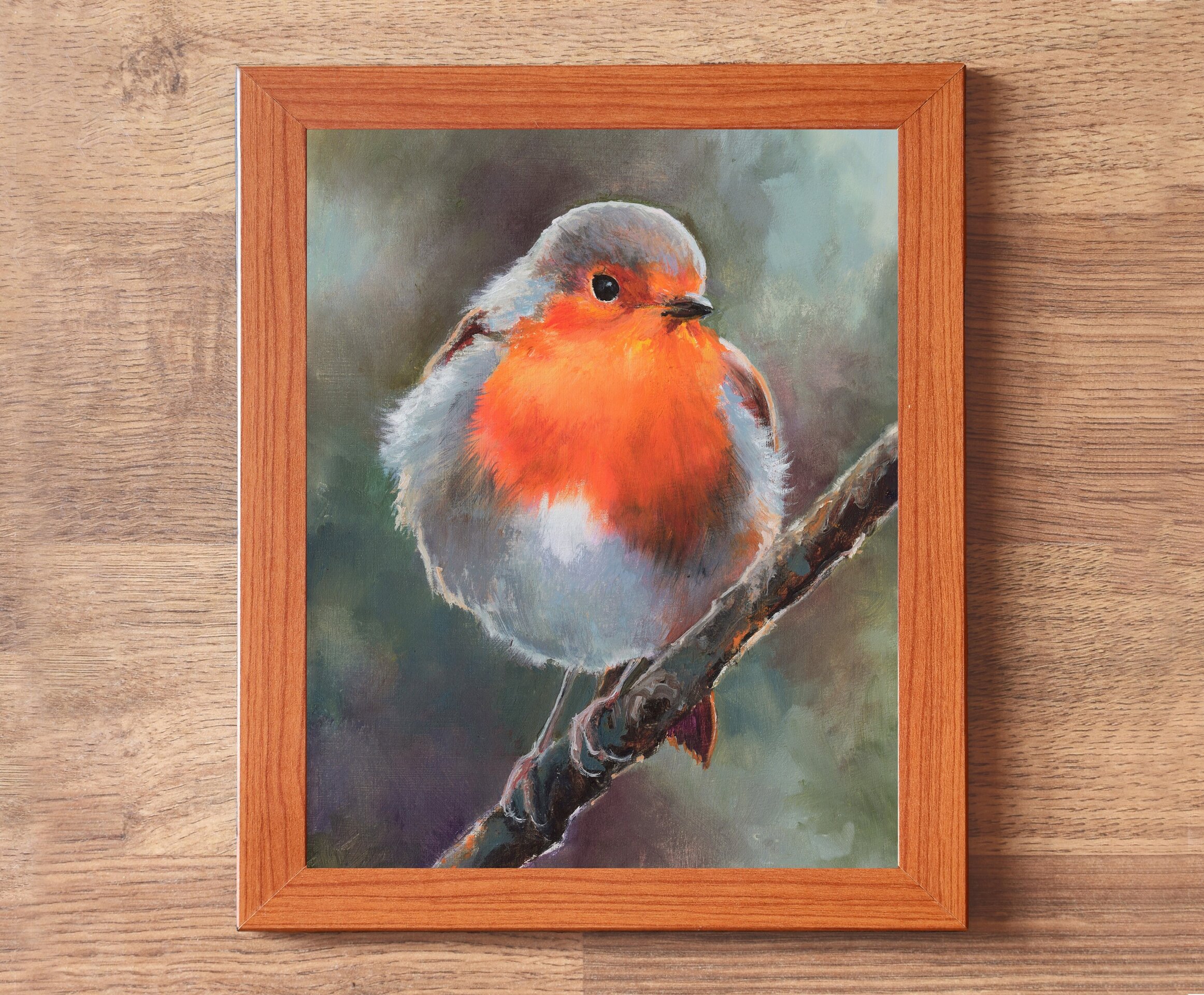 Pintura de pájaro petirrojo sobre rama libre y felíz, Arte de realismo animal - 3