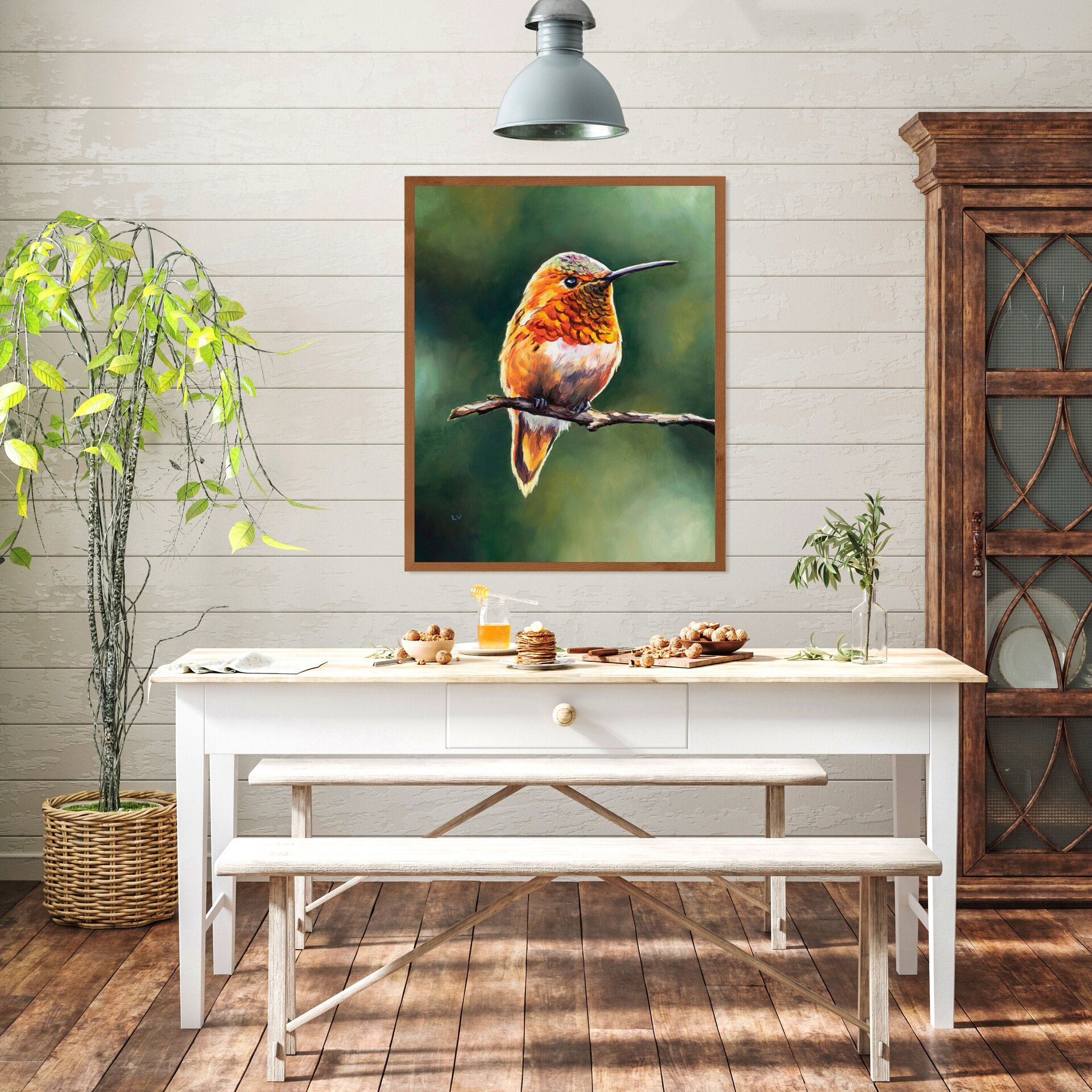 Pintura de colibrí naranja posado en un árbol, Retrato de vida silvestre animal - 13