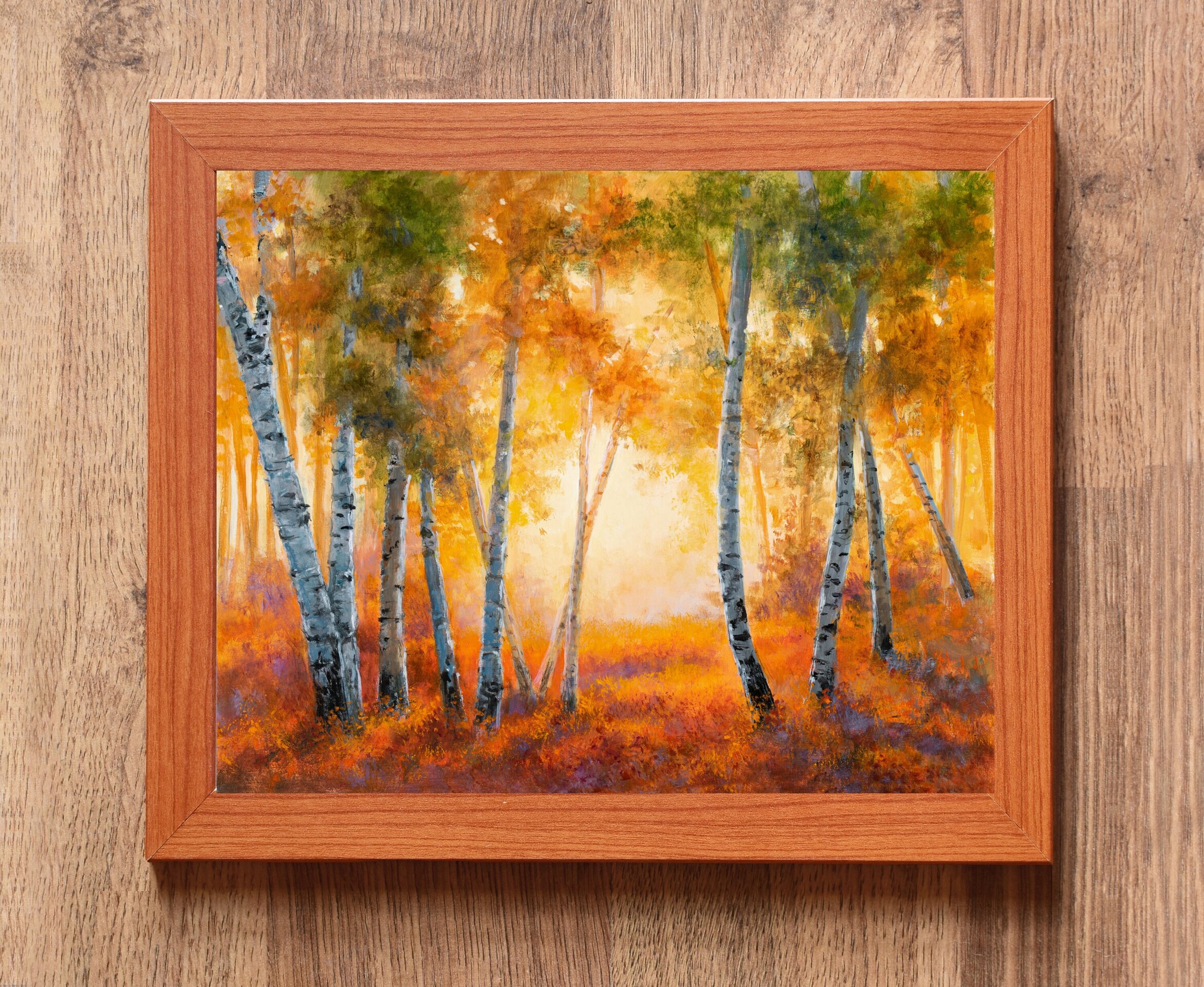 Bosque otoñal de abedules y luz entre los árboles, Óleo en tonos naranja y verde - 3