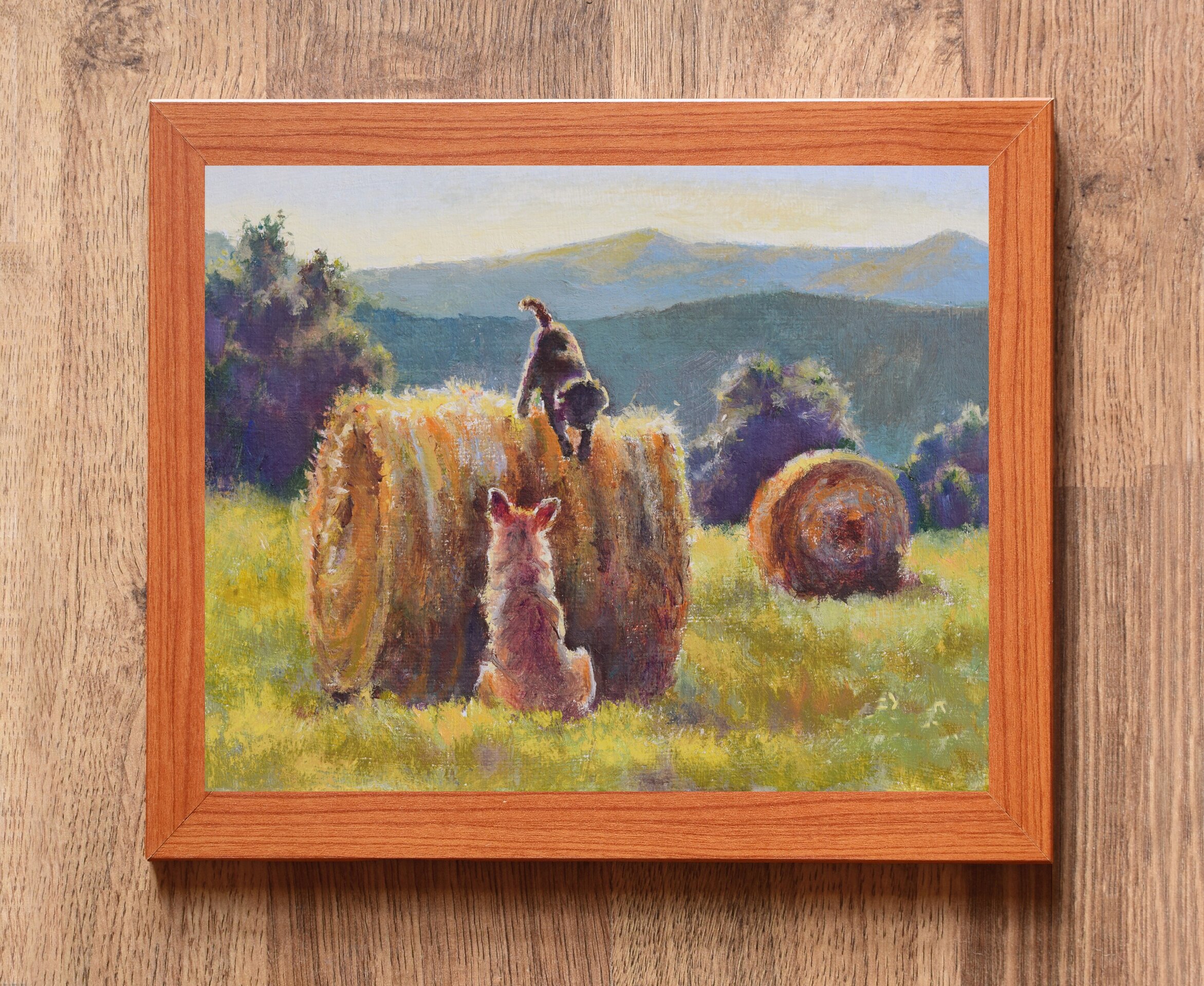 Óleo de perros jugando en bala de heno, Paisaje pintoresco, Animales, naturaleza - 3