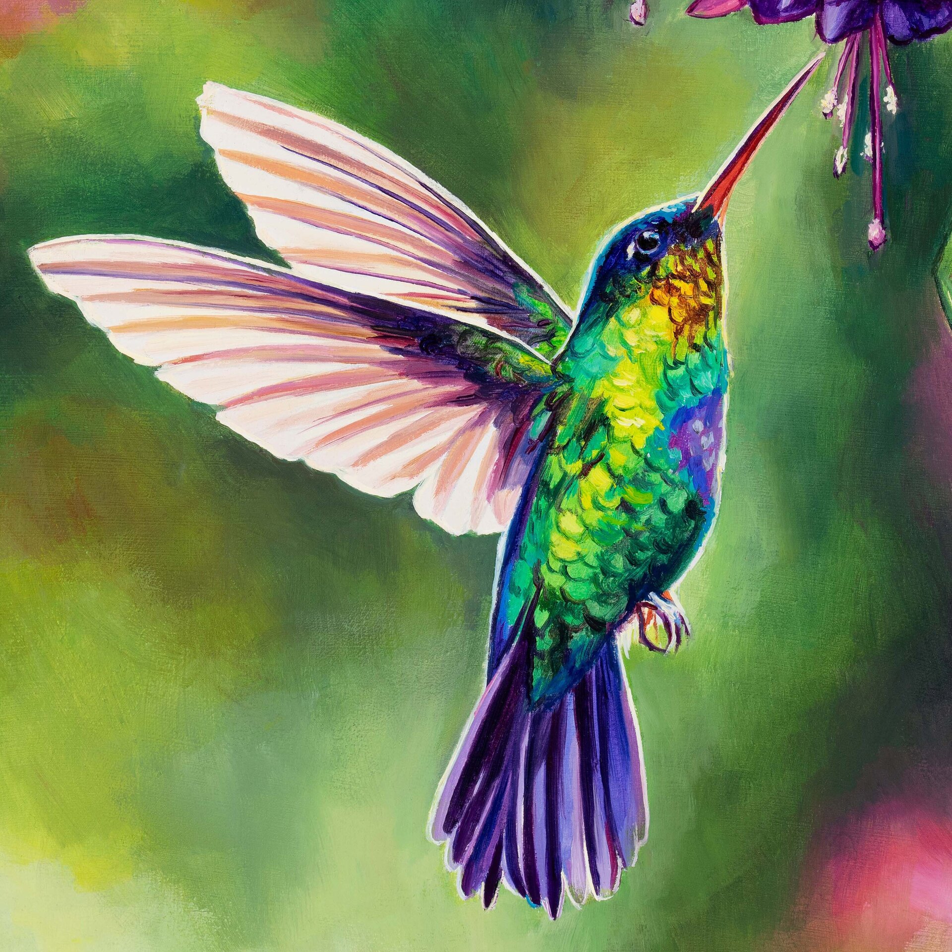 Pájaro colibrí volando con flores tropicales, Cuadro al óleo de ave exótica - 9