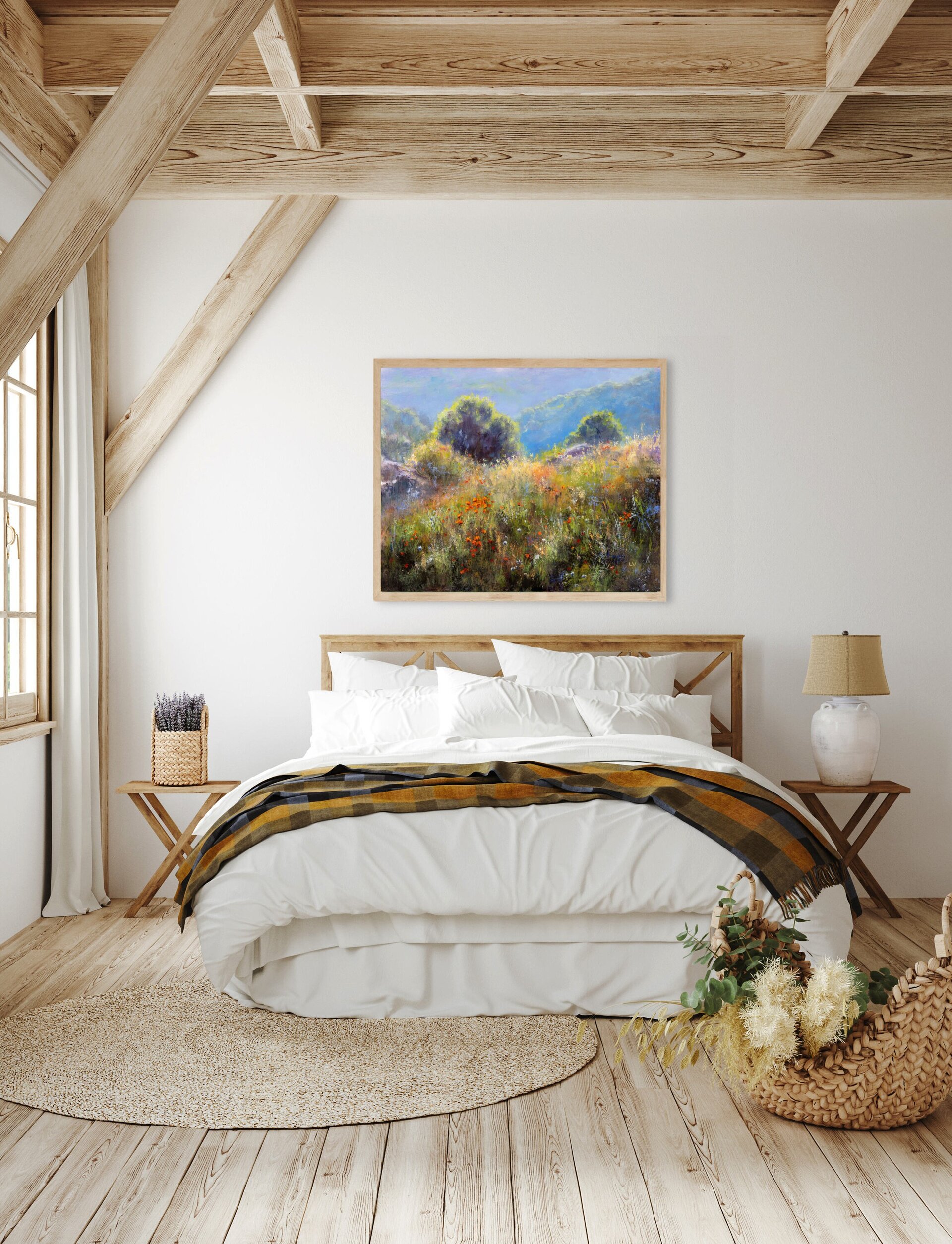 Pintura de colorido campo de flores con montañas distantes y arboles a contraluz - 8