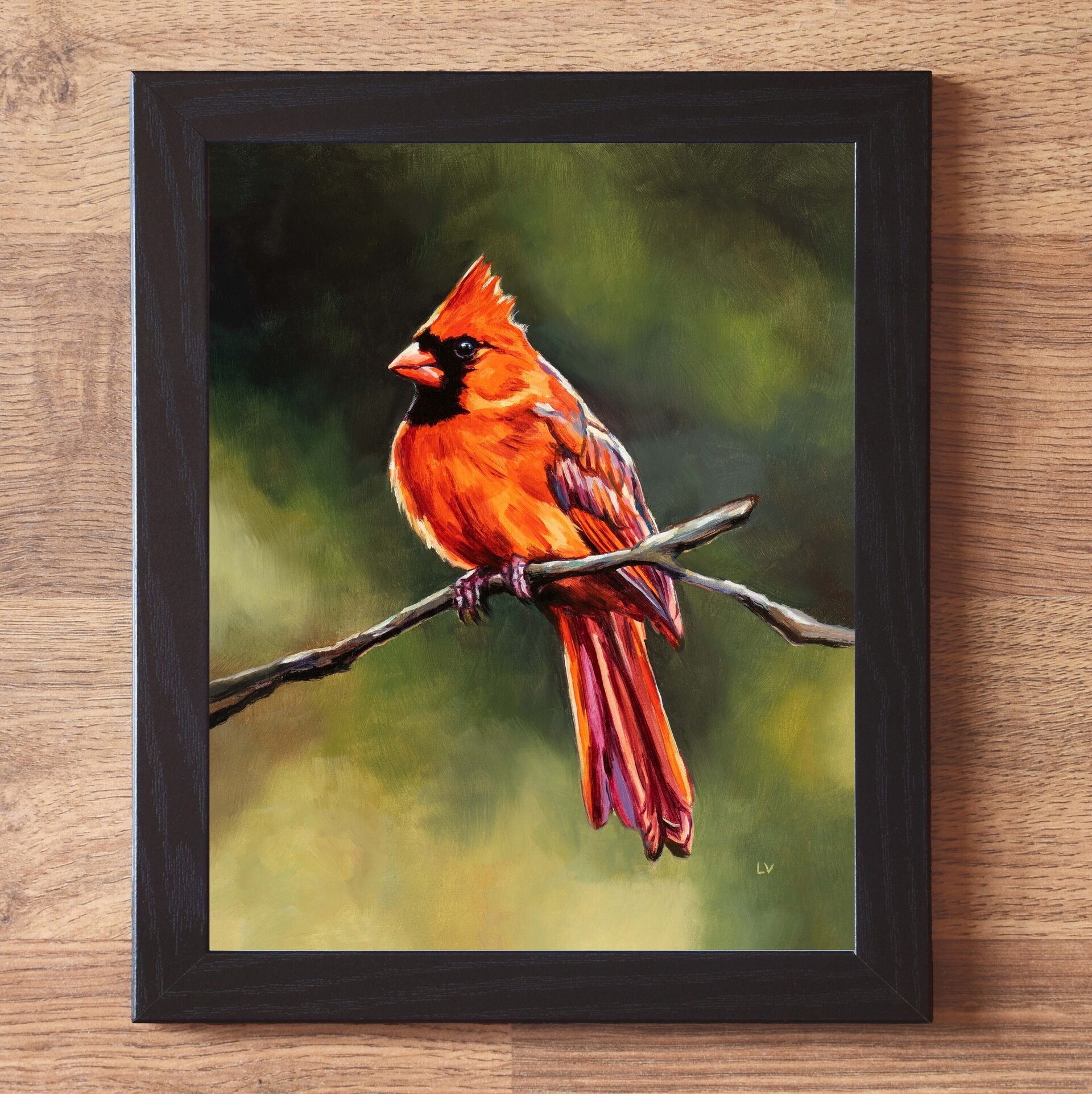 Retrato al óleo de un pajaro cardenal rojo sobre una rama, Pintura de animales - 2