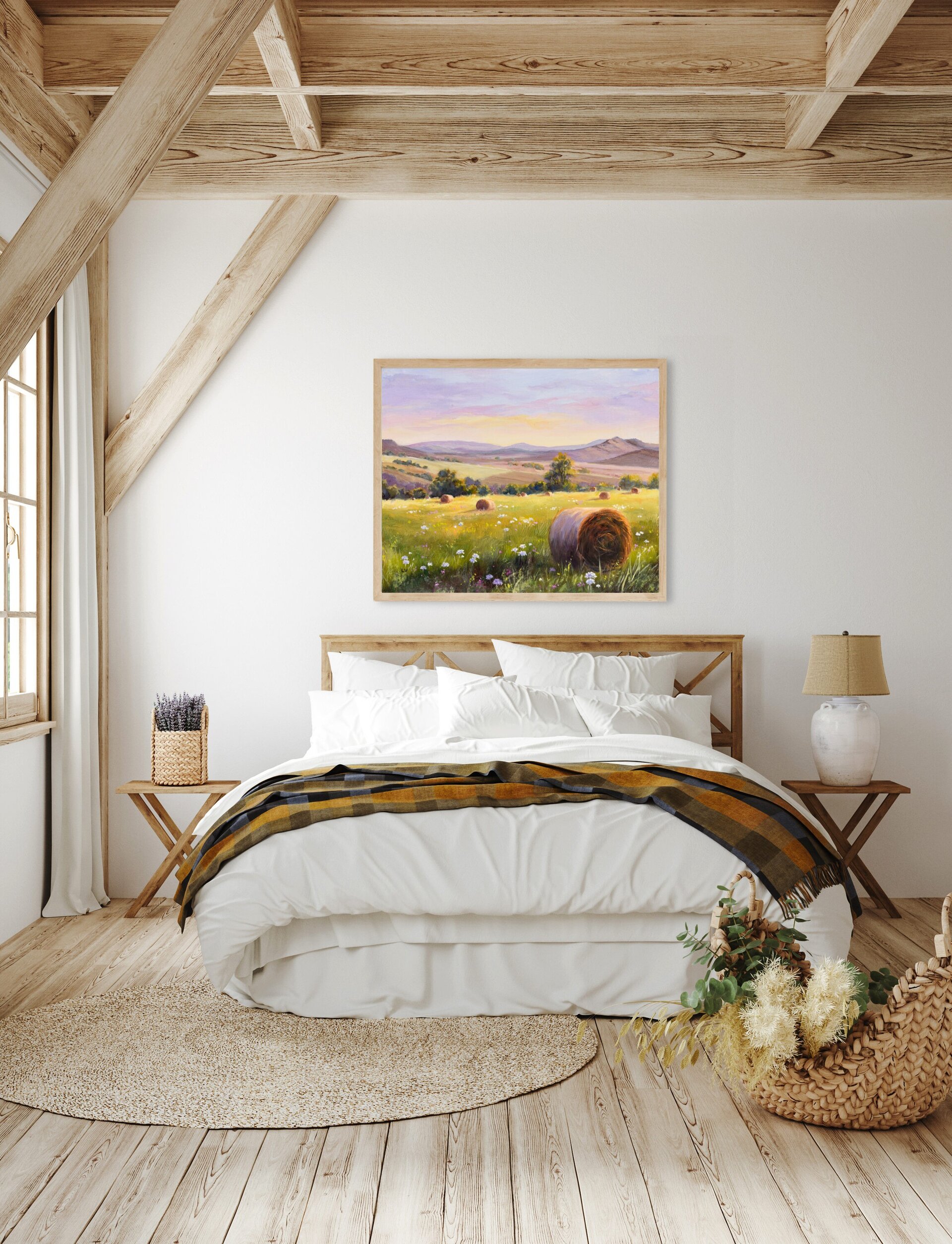 Pintura rural de campo de cultivo con balas de heno y flores, Cosecha agrícola - 7