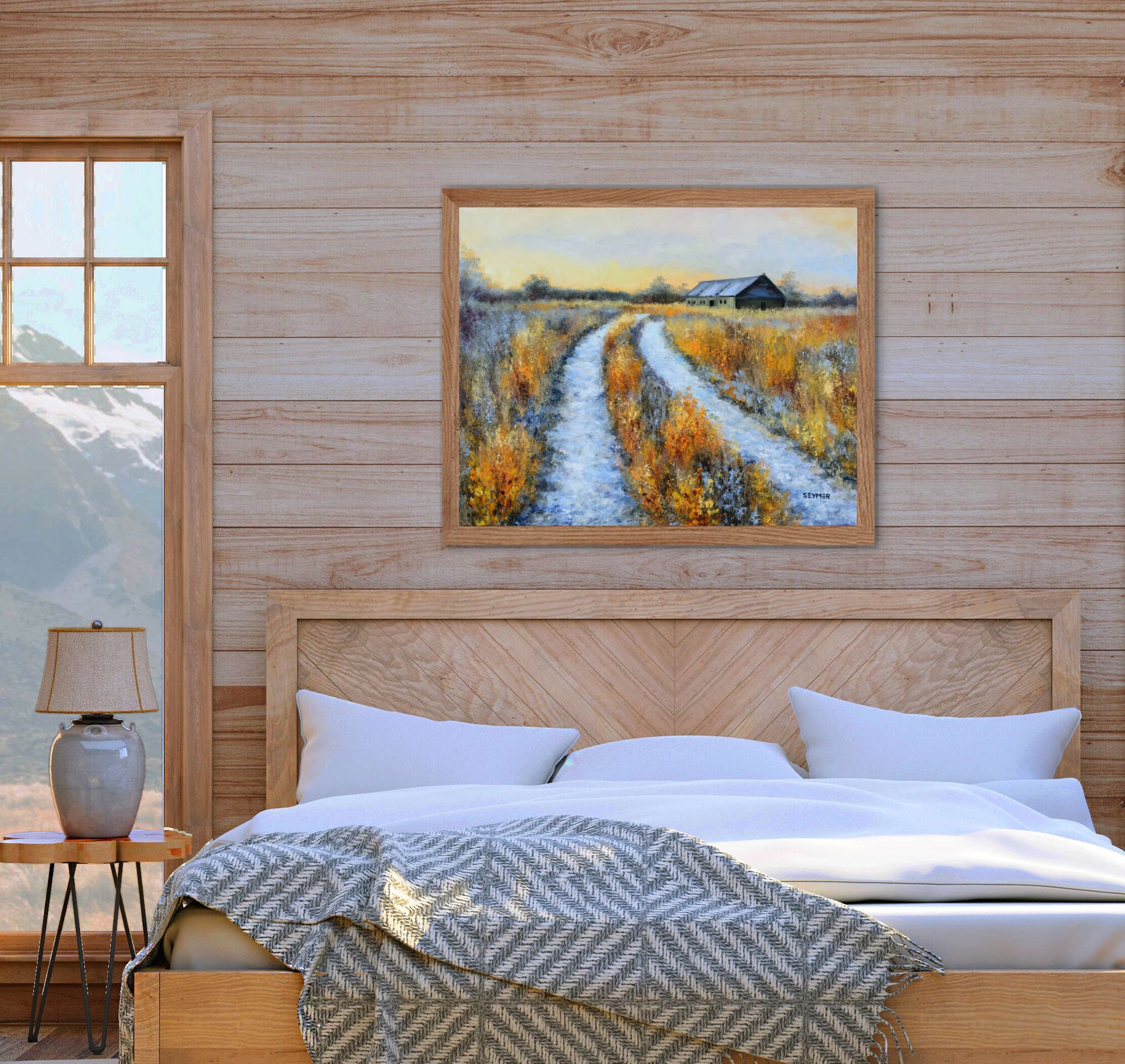 Pintura de camino rural con escarcha, nieve y granero en una pradera en invierno - 7