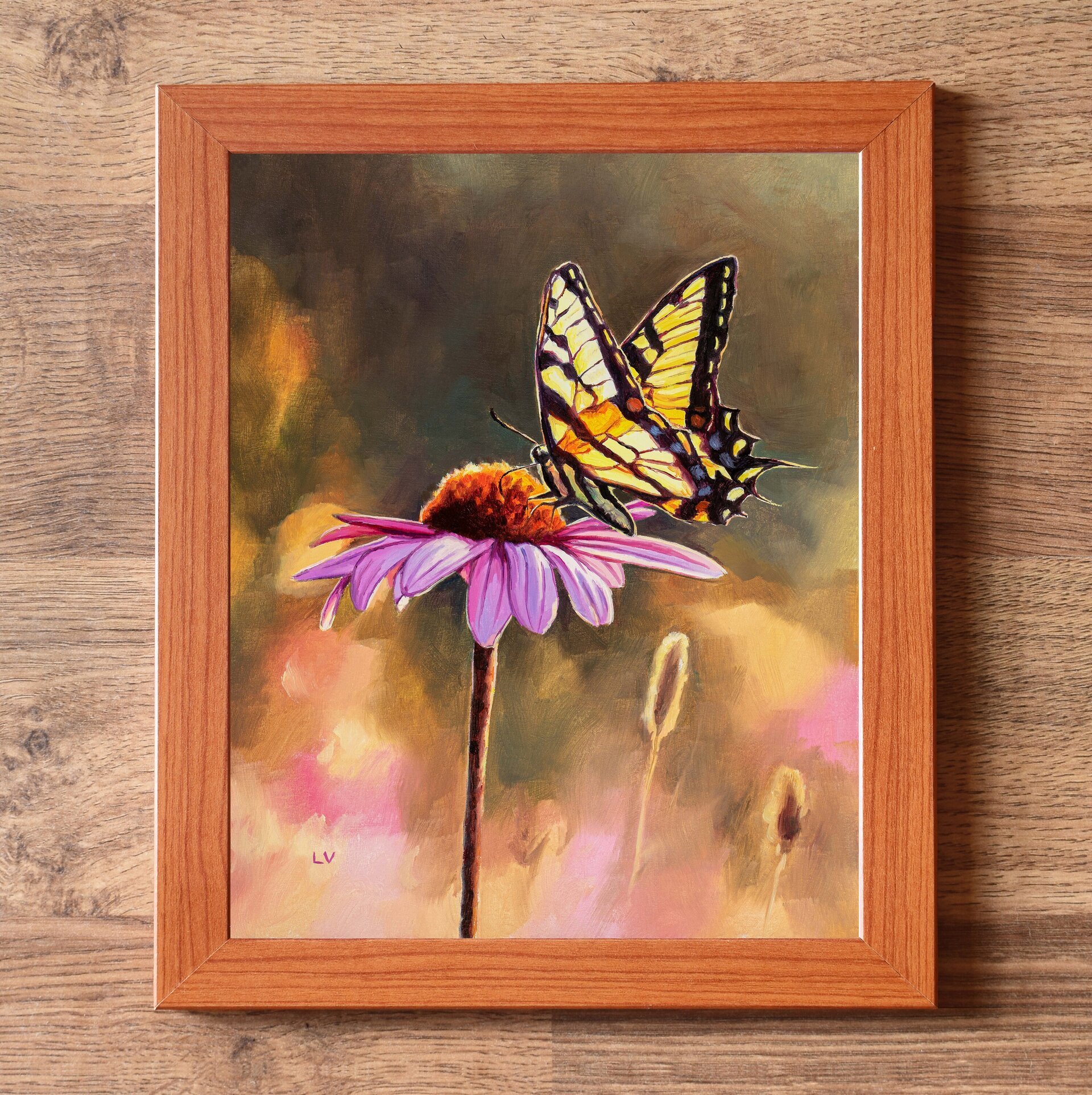 Cuadro al óleo de mariposa papilio sobre una margarita rosa, Ilustración insecto - 3