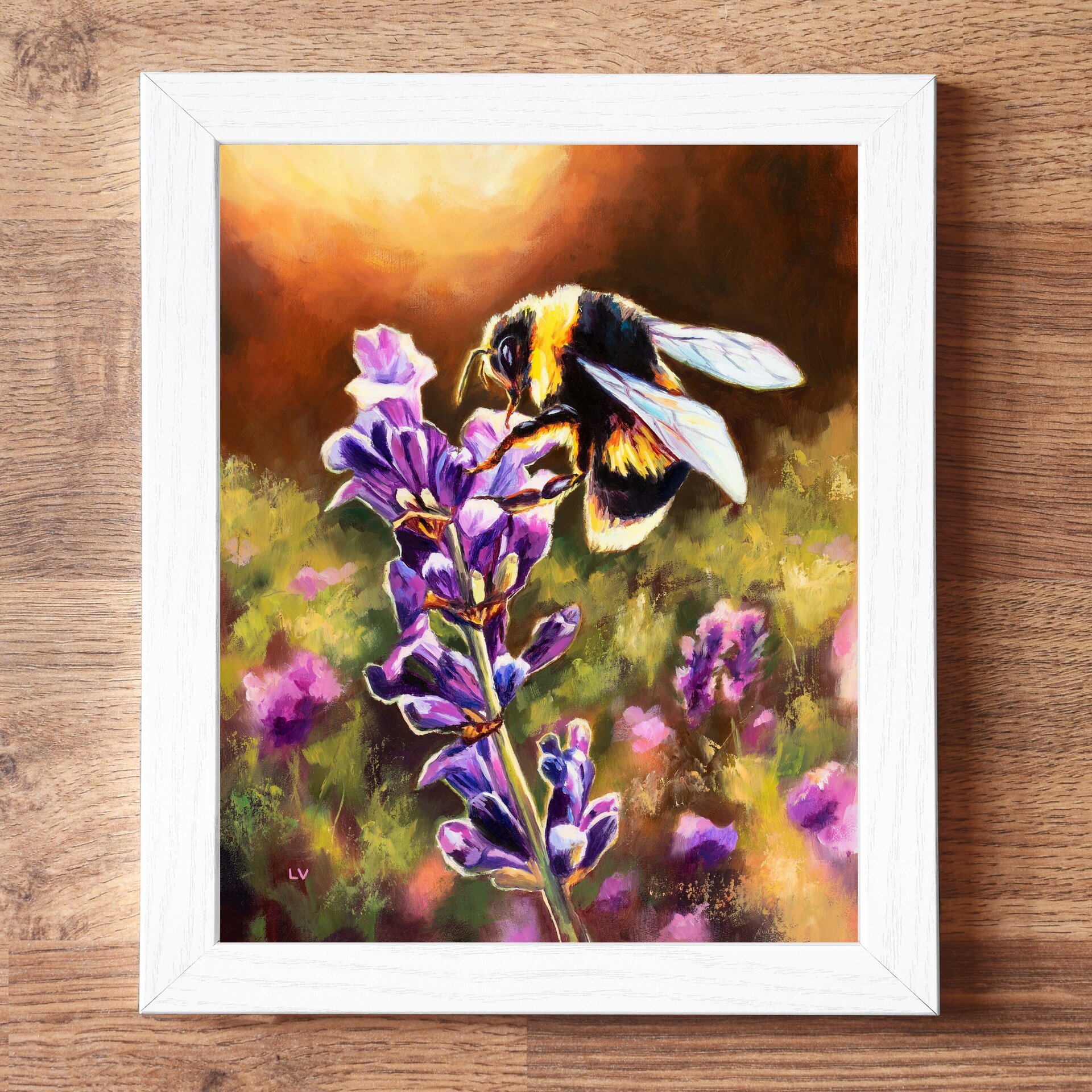 Pintura de abejorro en una flor de lavanda morada, Cuadro a óleo floral colorido - 4