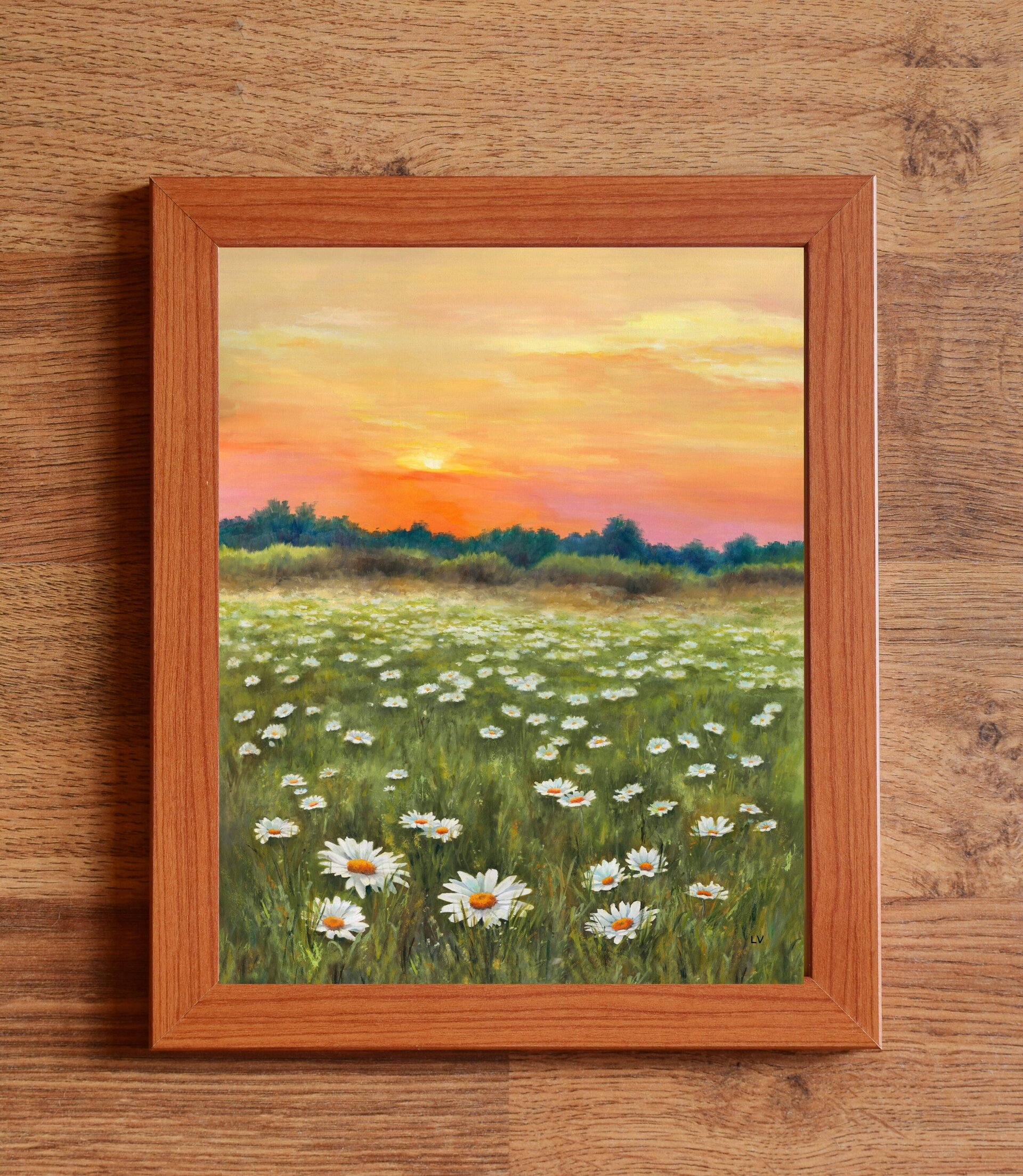 Pintura de campo de margaritas en puesta de sol, Paisaje de flores en primavera - 3