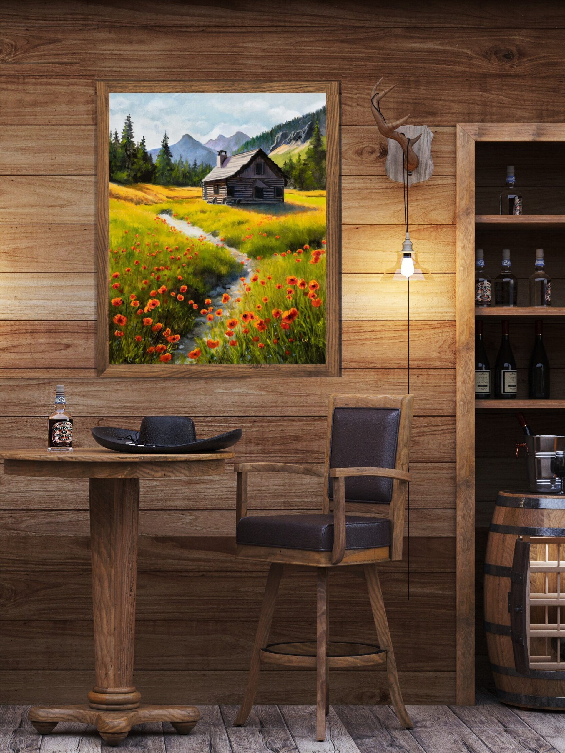 Pintura de paisaje de montaña, amapolas rojas con cabaña de madera, río y abetos - 8