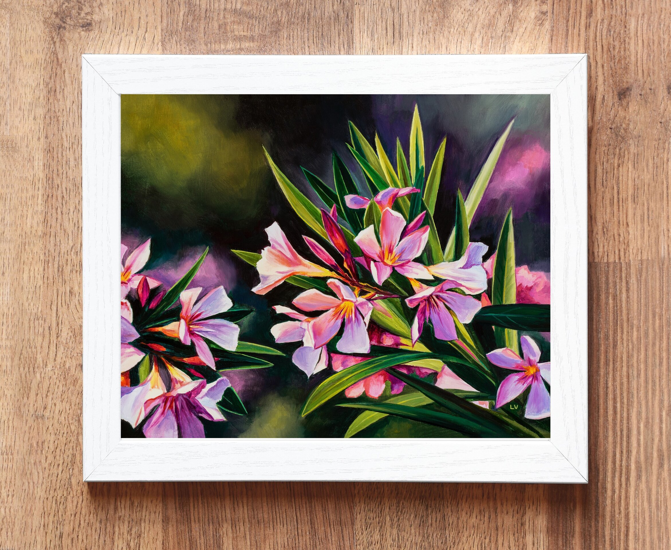 Cuadro al óleo de flores rosa de adelfa, Pintura de bodegón floral de verano - 4