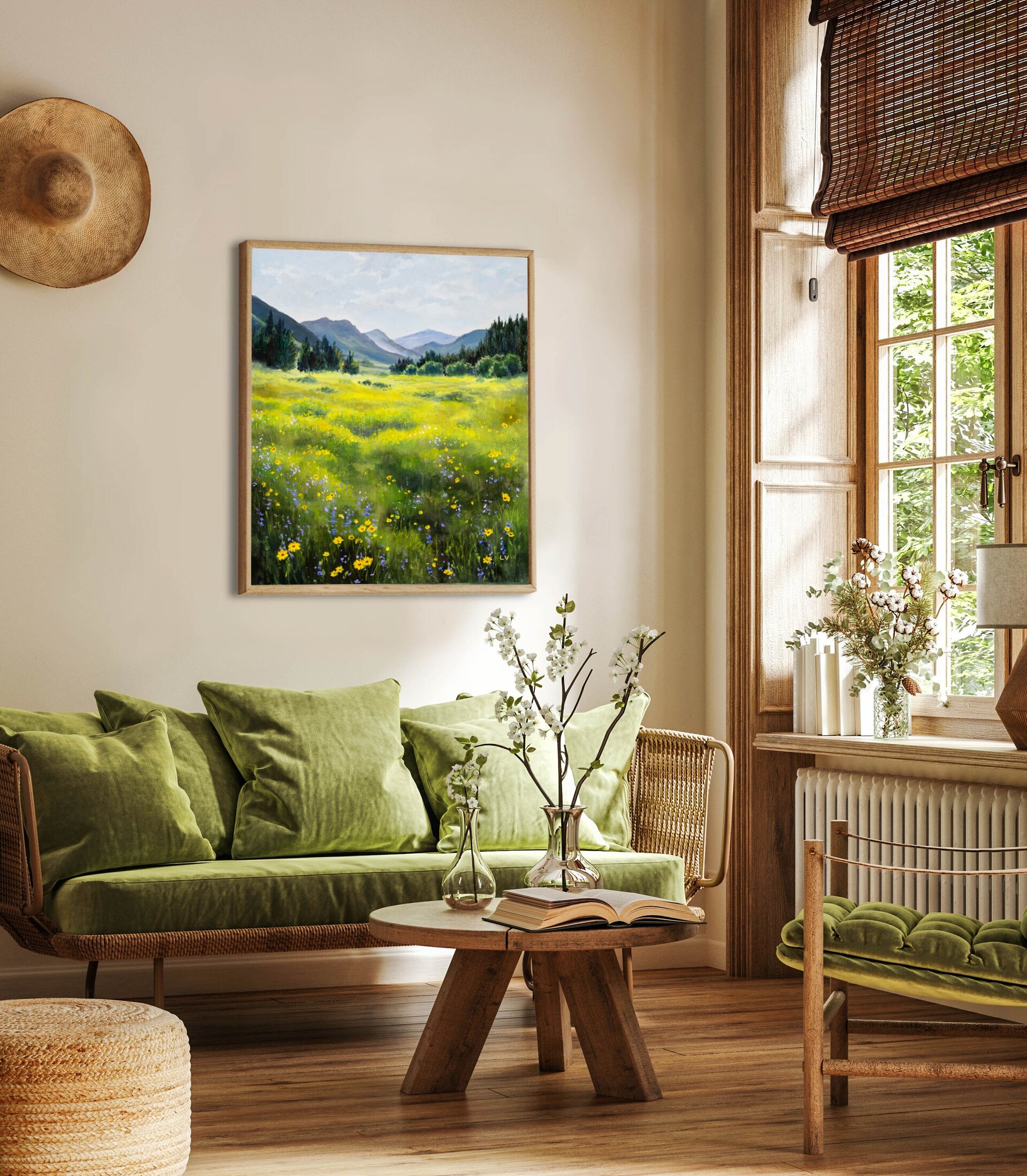 Pintura de paisaje de campo verde con flores amarillas y montañas en la lejanía - 7