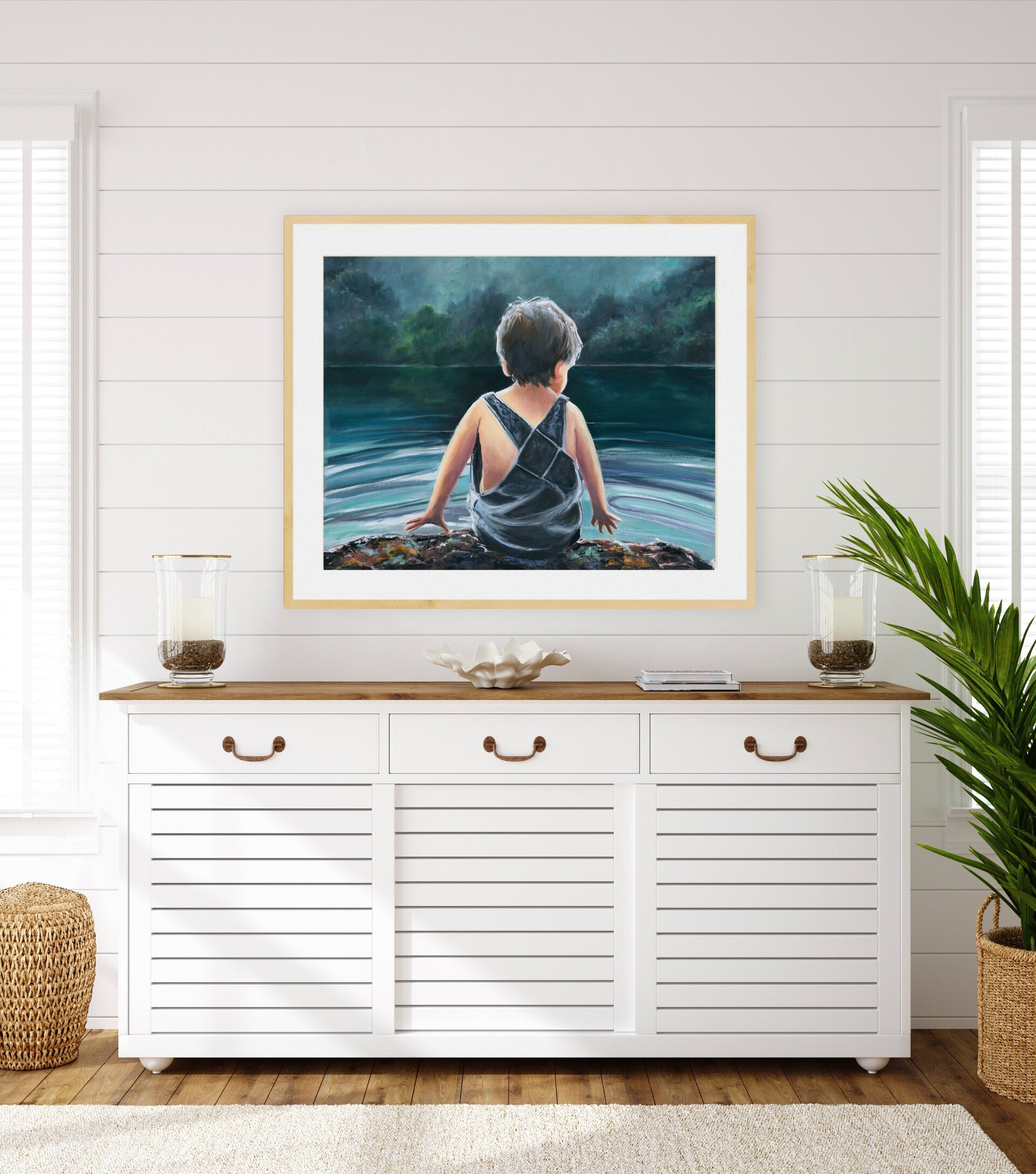 Pintura de lago de noche con niño jugando con el agua bajo reflejo de luna llena - 7
