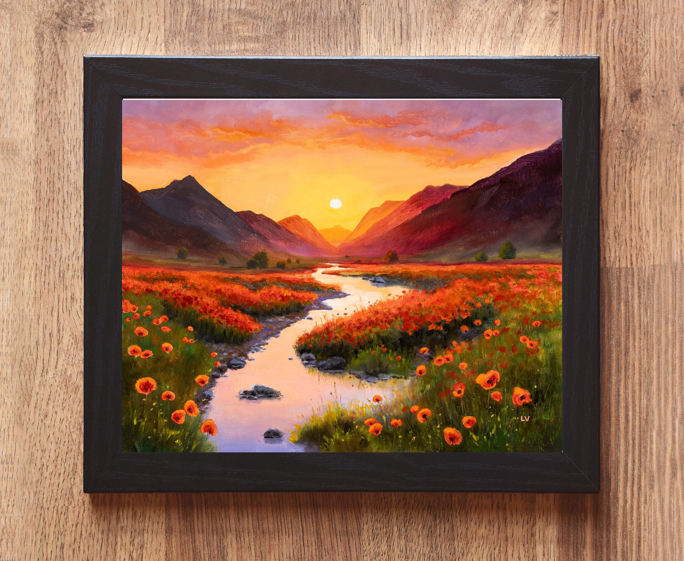 Río con flores en puesta de sol. Pintura vibrante de atardecer con amapolas - 2