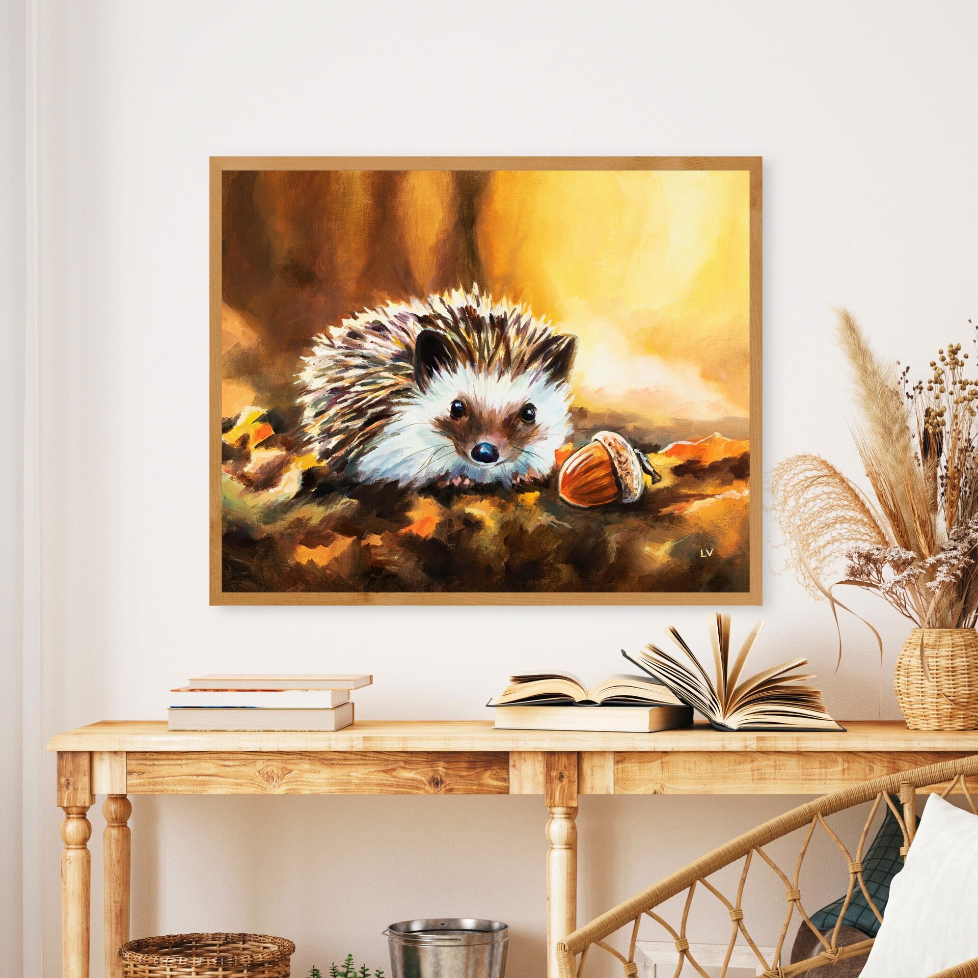 Cuadro de erizo con una bellota en el bosque otoñal, Pintura infantil animales - 5