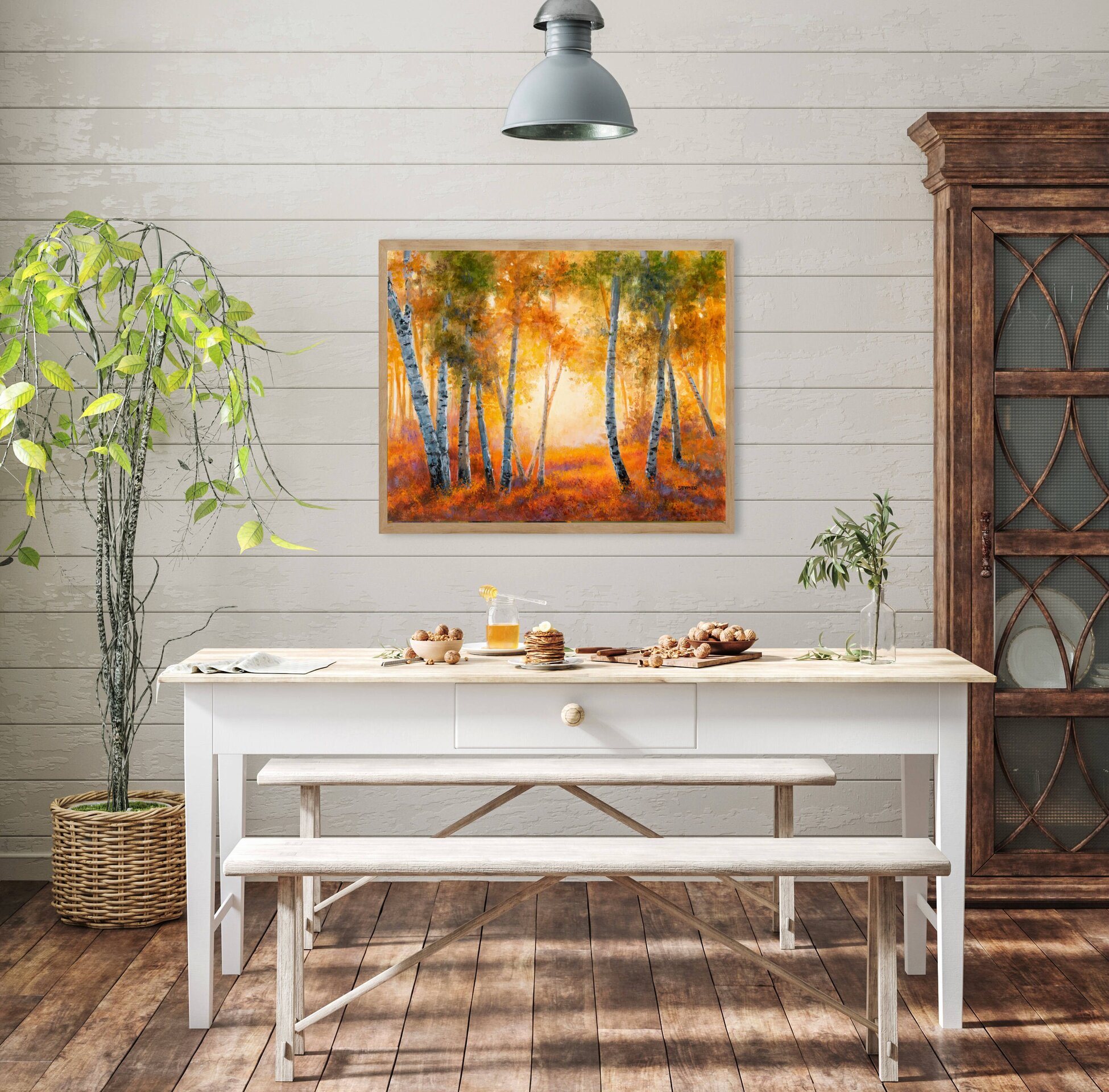 Bosque otoñal de abedules y luz entre los árboles, Óleo en tonos naranja y verde - 6