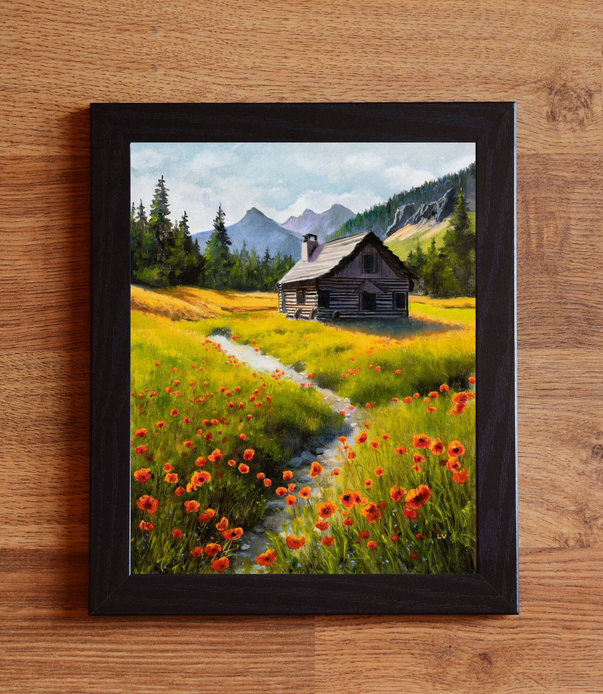 Pintura de paisaje de montaña, amapolas rojas con cabaña de madera, río y abetos - 2