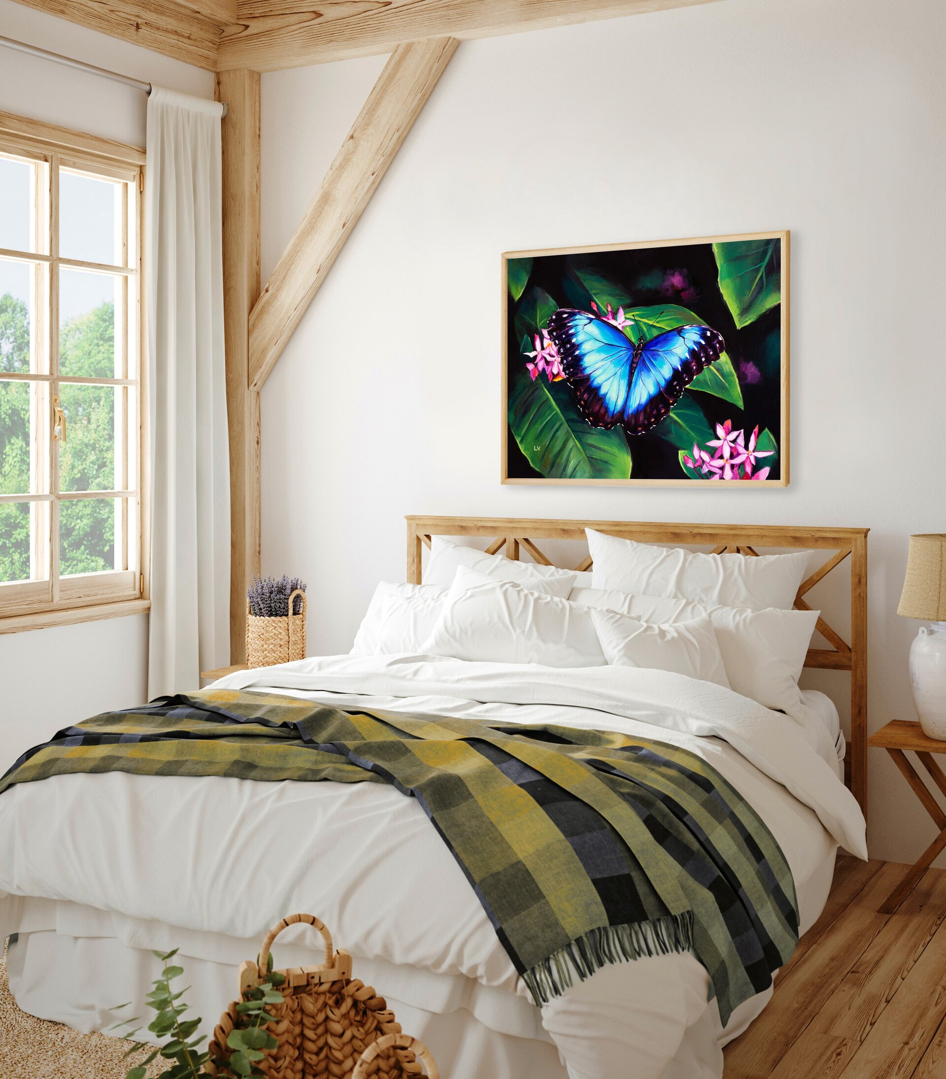 Cuadro de mariposa azul morpho sobre flores rosa, Pintura al óleo insecto jardín - 8
