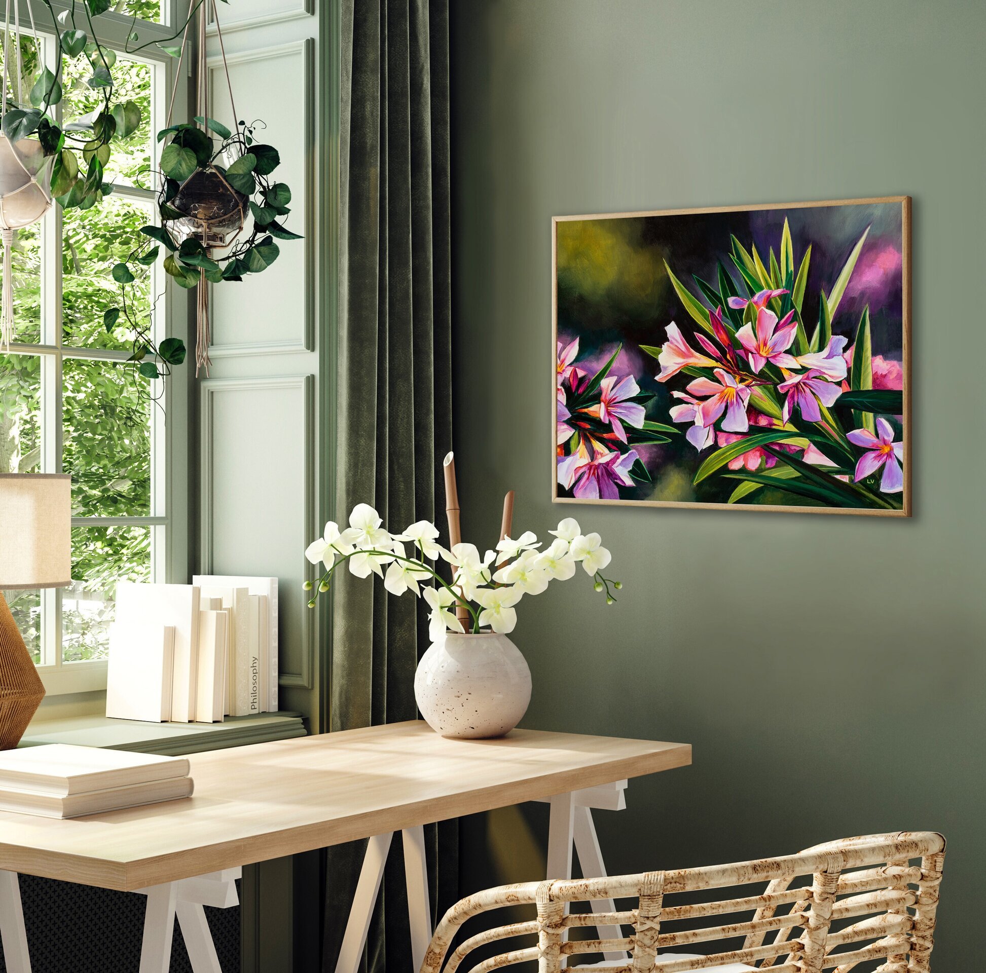 Cuadro al óleo de flores rosa de adelfa, Pintura de bodegón floral de verano - 12