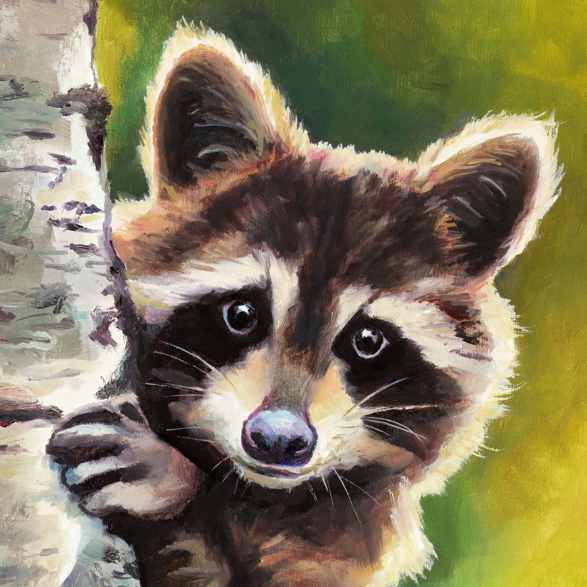 Retrato al óleo de un mapache asomado en un tronco, Pintura realista de animales - 7