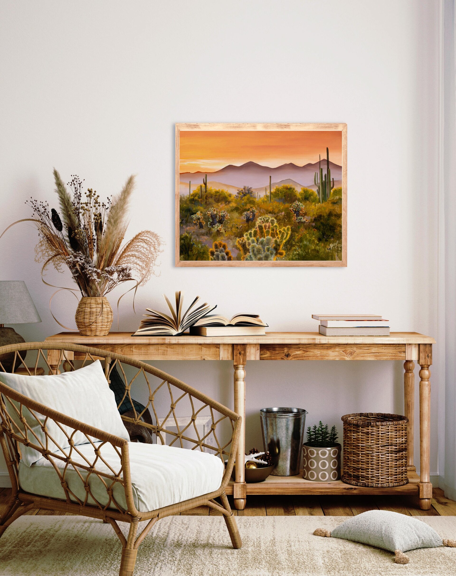 Suave pintura de desierto en tonos cálidos con cactus y paisaje árido y montañas - 5