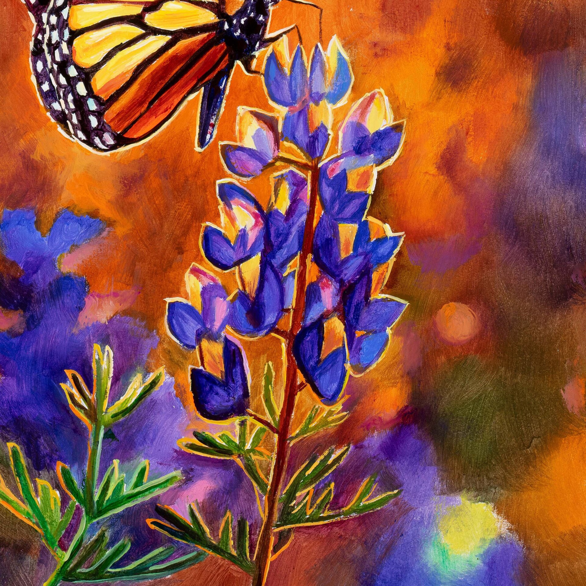 Cuadro al óleo de mariposa monarca sobre flores moradas al atardecer - 9