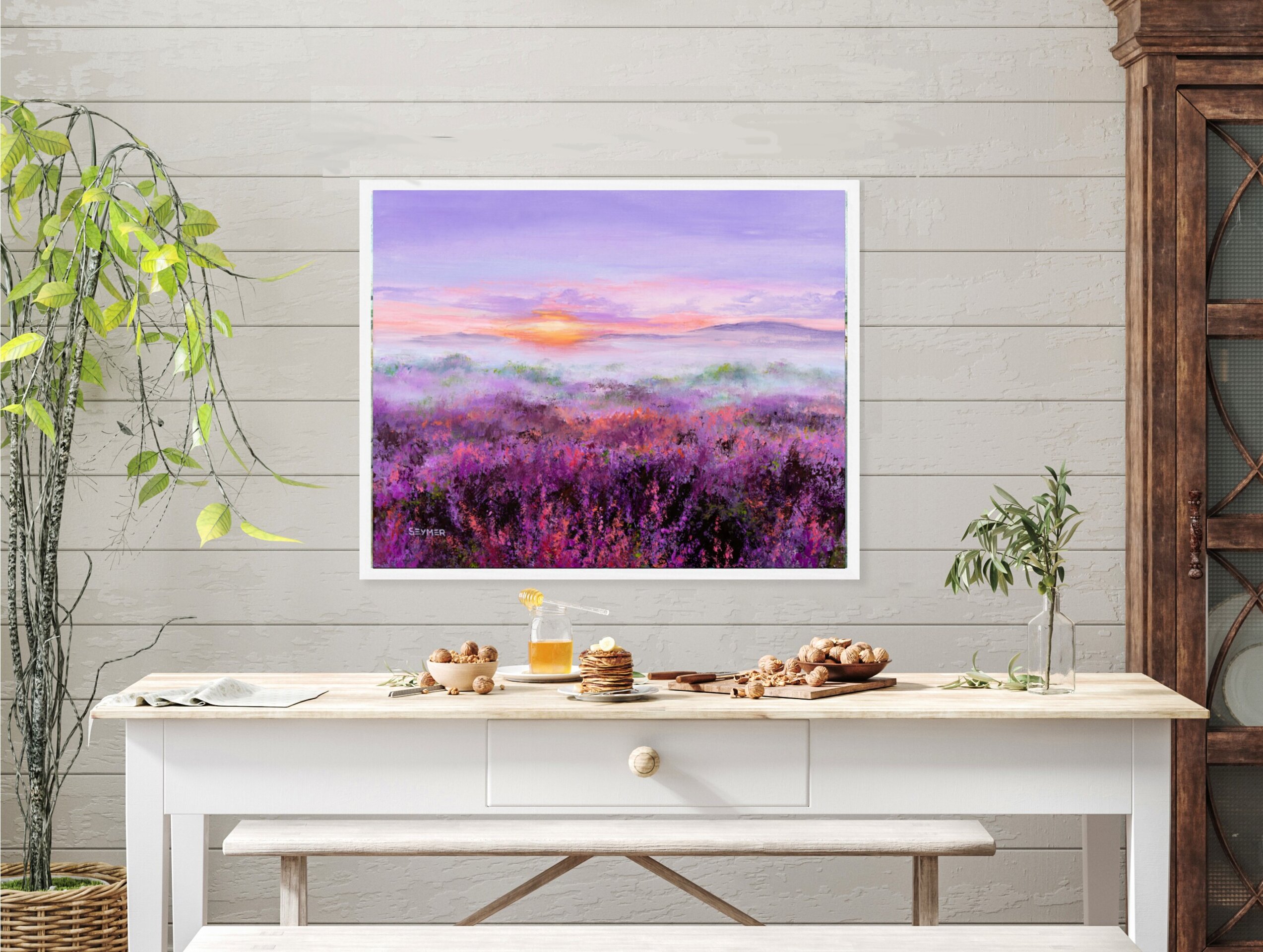 Pintura de campo de lavanda con tonos morados y rosa, flores en colores suaves - 10