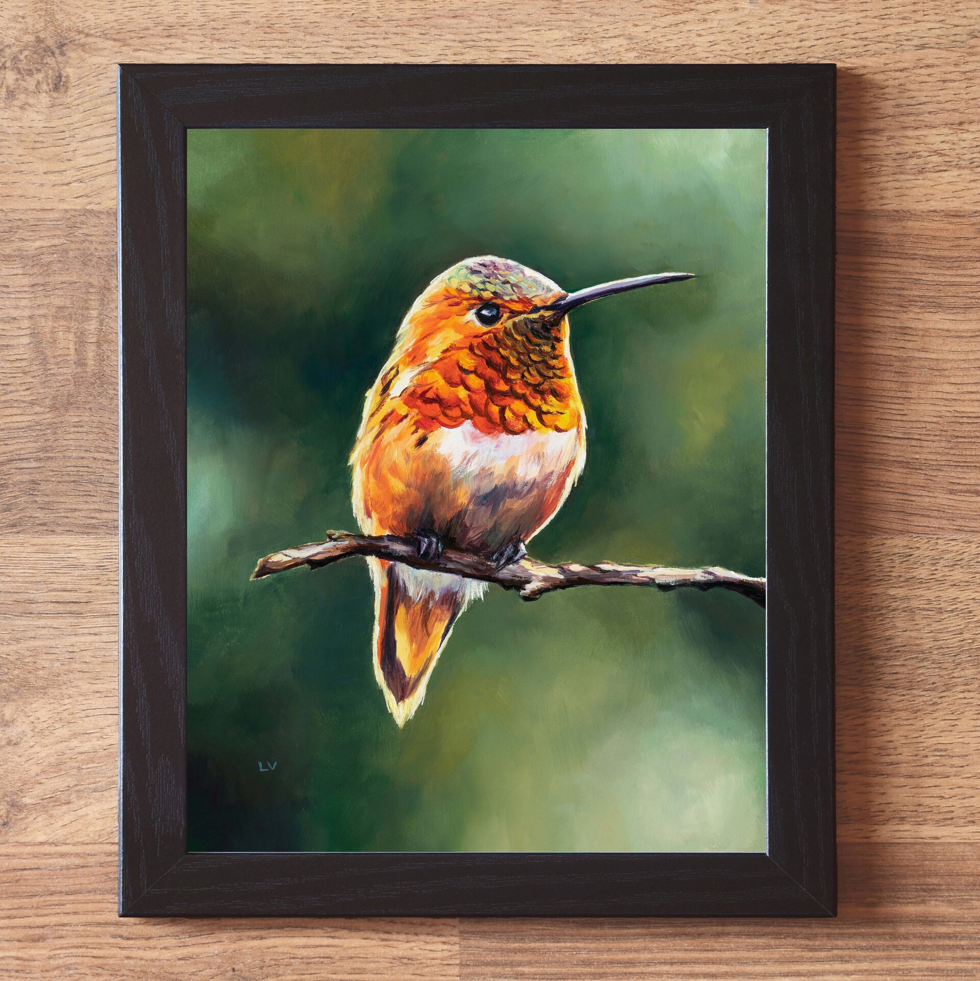 Pintura de colibrí naranja posado en un árbol, Retrato de vida silvestre animal - 2