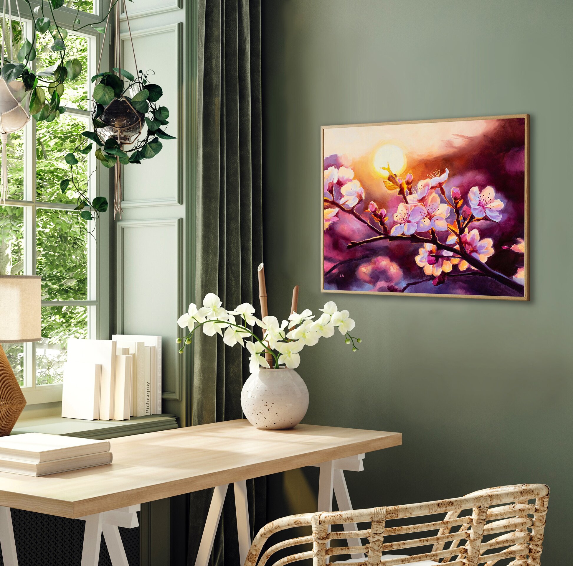 Pintura al óleo de cerezos en flor al atardecer, Cuadro floral rosa botánico - 9
