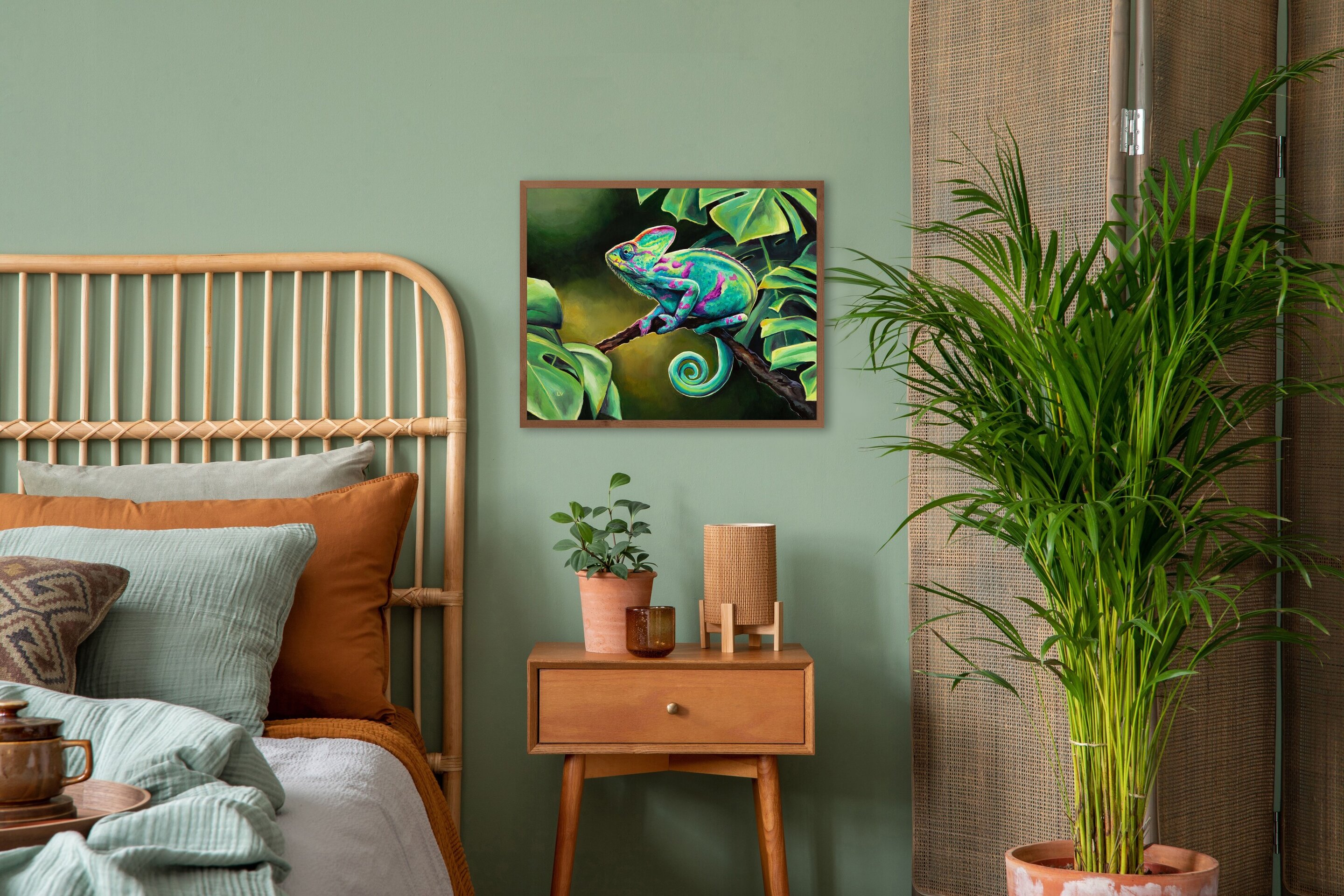 Cuadro al óleo de camaleón verde en la selva, Pintura realista animales salvajes - 8