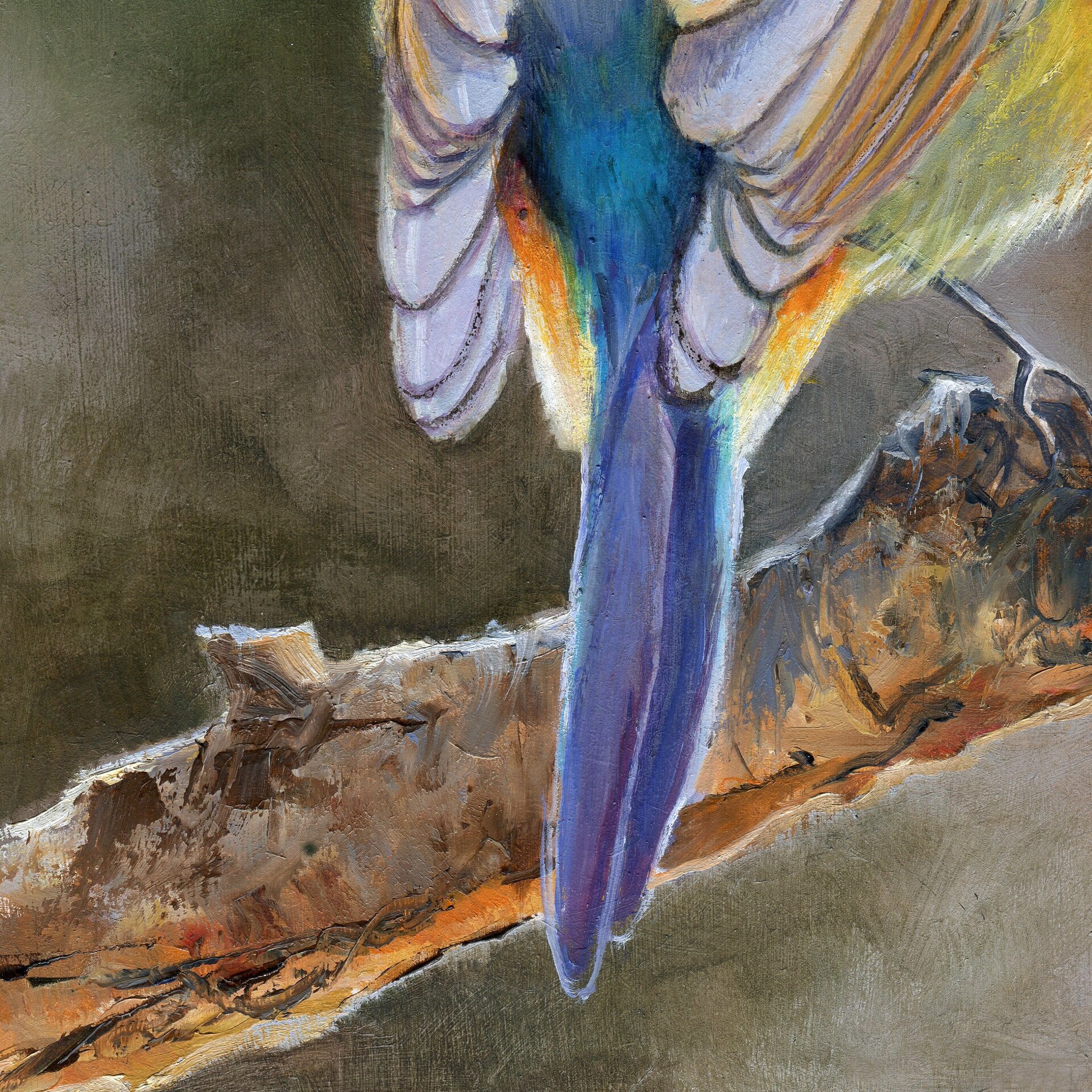 Pintura detallada y realista de pájaro amarillo sobre rama. Ave de cola azul - 8