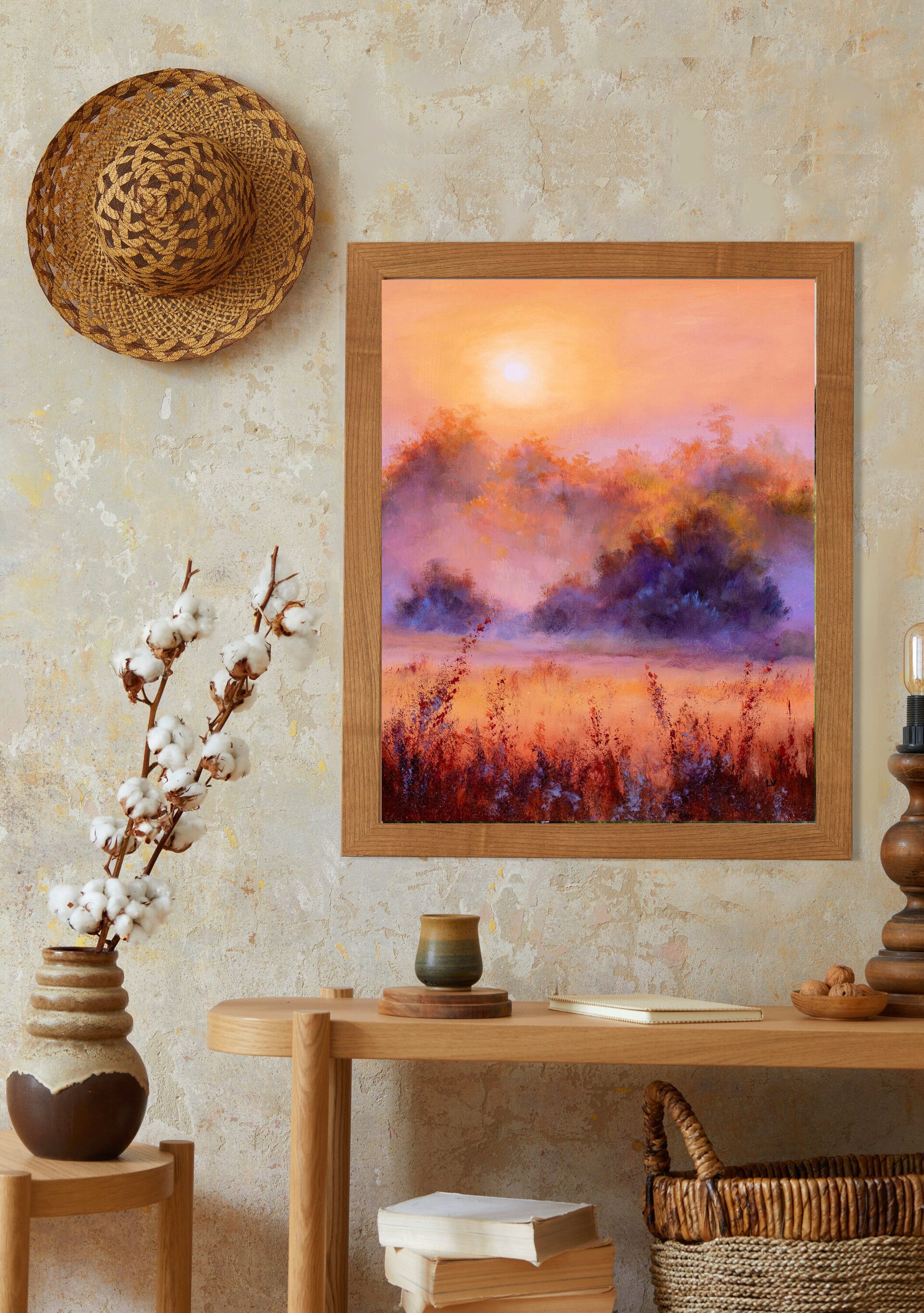 Pintura de amanecer sereno y niebla en campo de tonos dorados, naranja y morado - 10