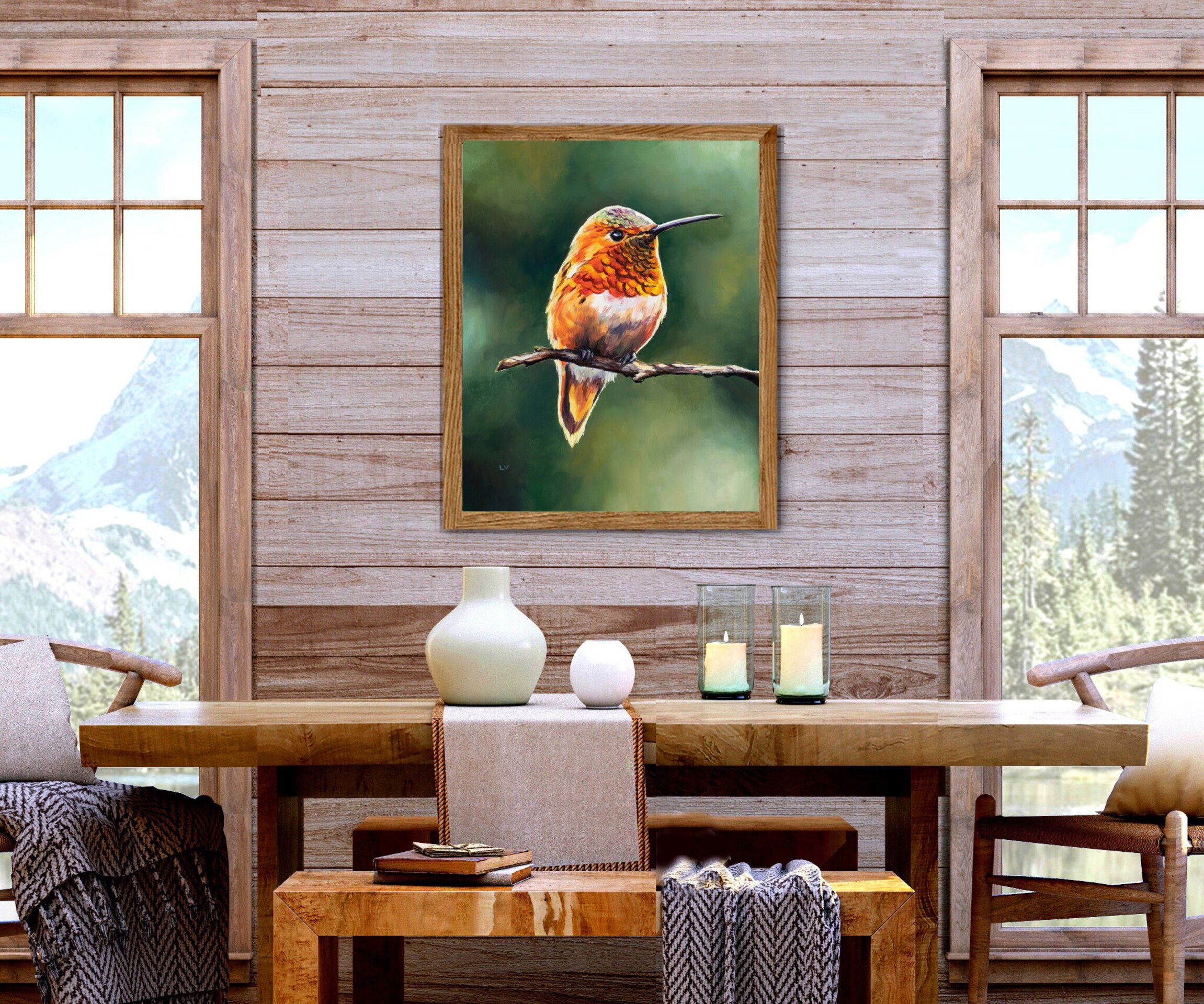 Pintura de colibrí naranja posado en un árbol, Retrato de vida silvestre animal - 9