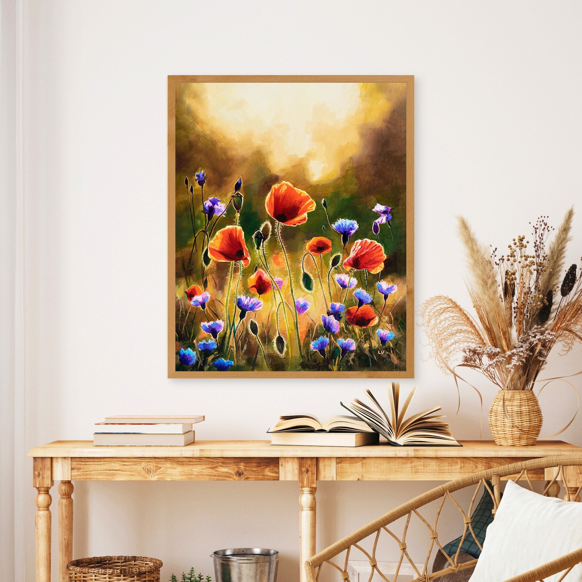 Cuadro colorido de amapolas y acianos en un campo de primavera al atardecer - 5