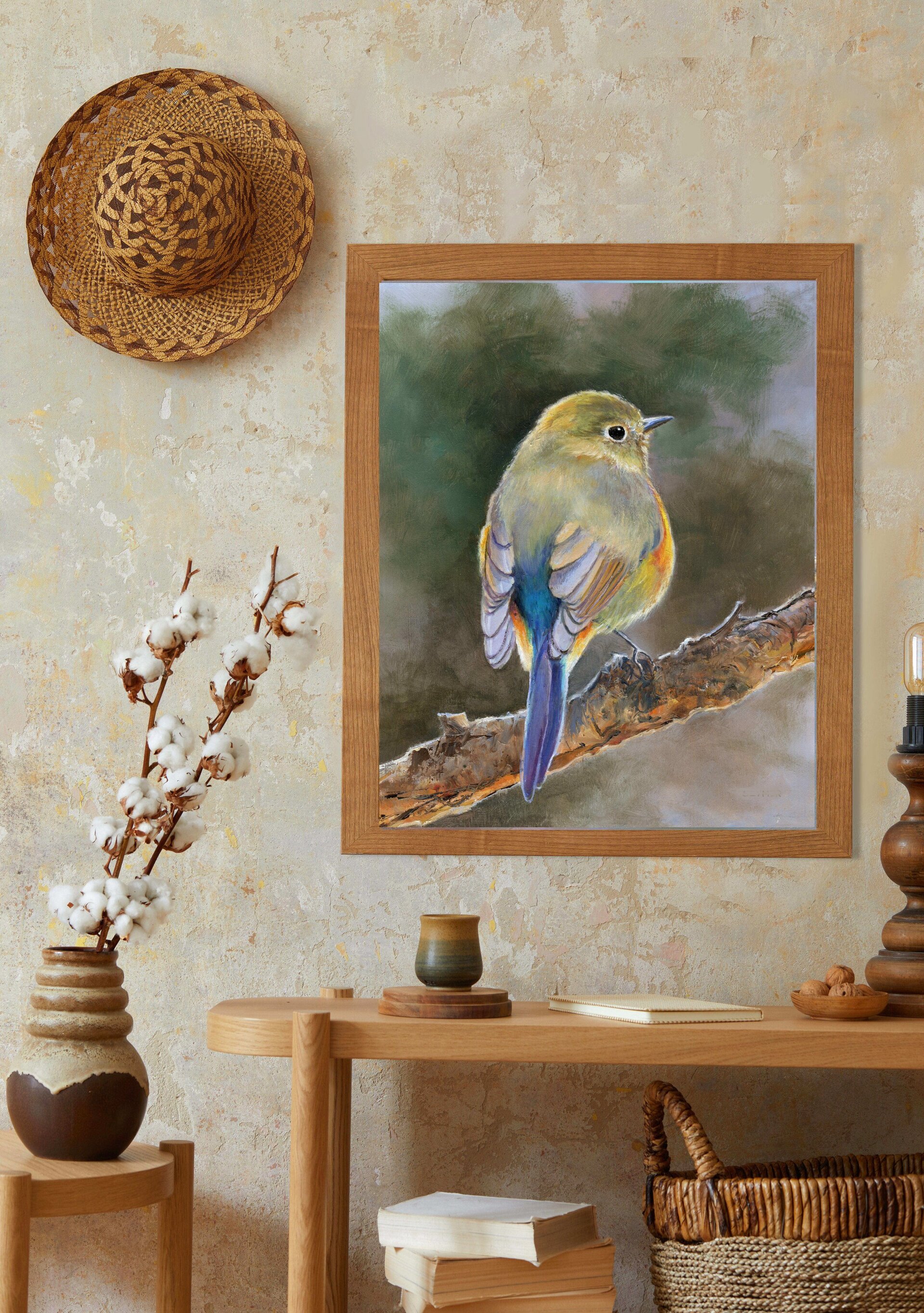 Pintura detallada y realista de pájaro amarillo sobre rama. Ave de cola azul - 12