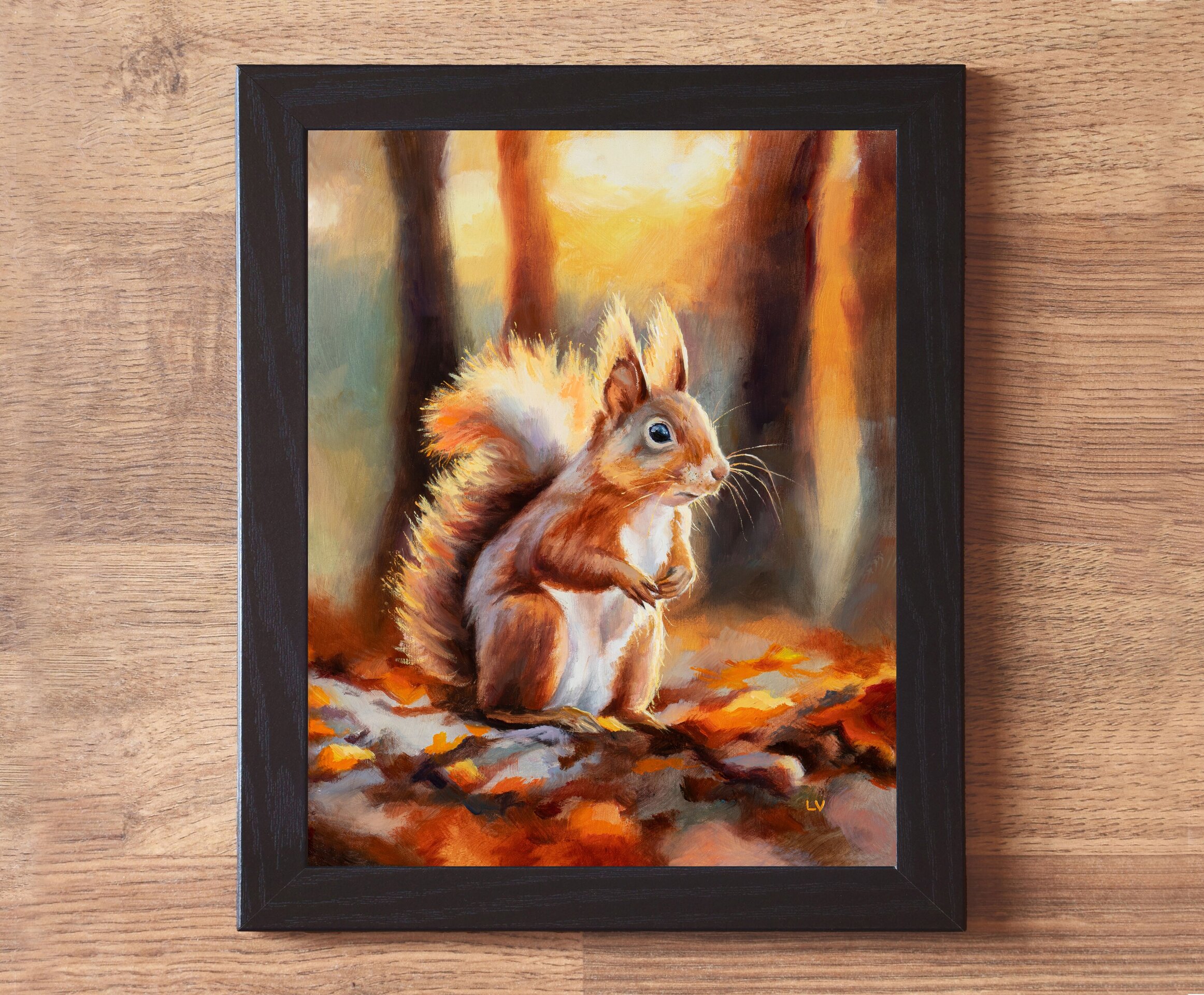 Pintura al óleo de una ardilla roja en el bosque de otoño, Retrato de animales - 2