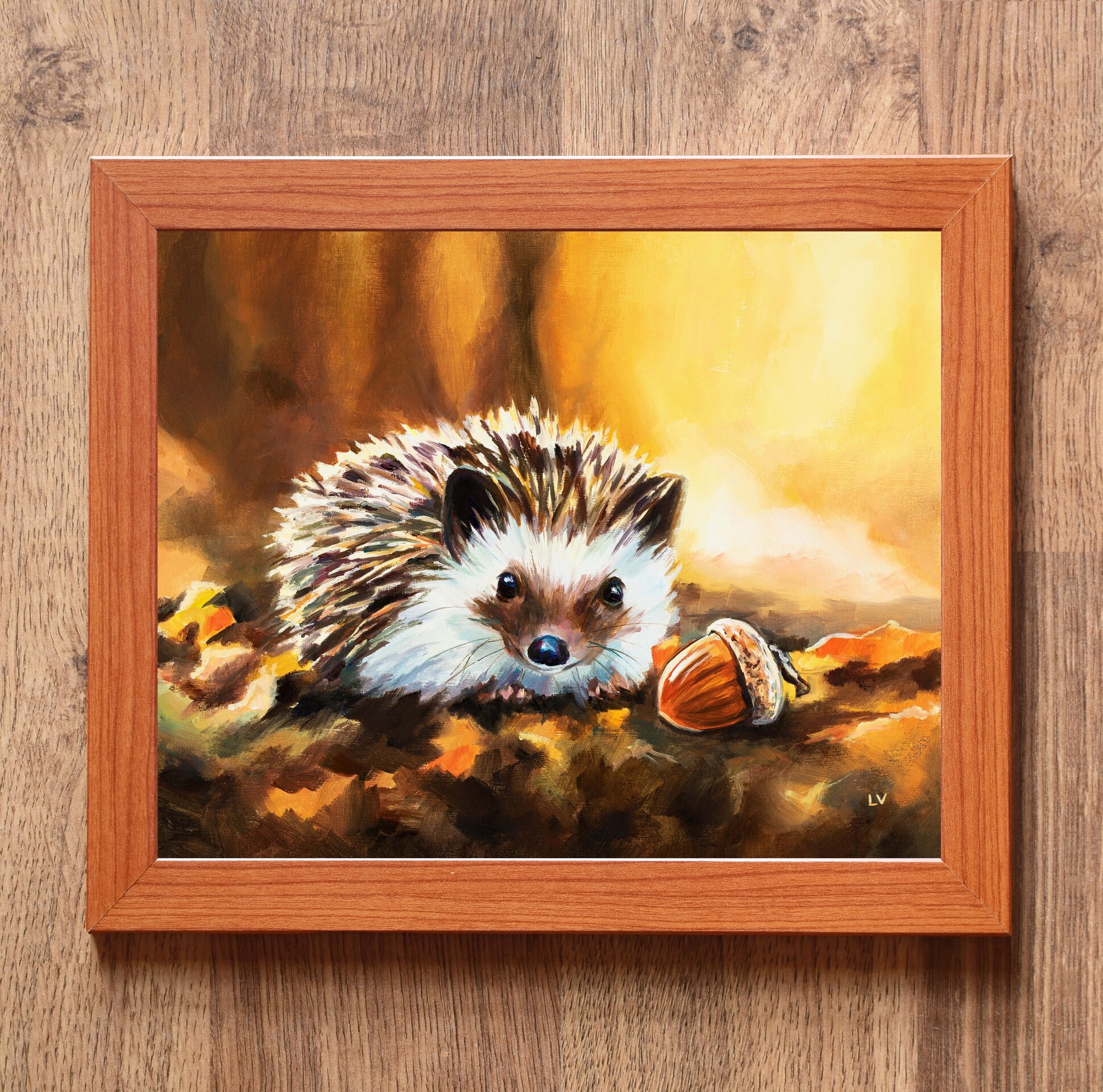 Cuadro de erizo con una bellota en el bosque otoñal, Pintura infantil animales - 3