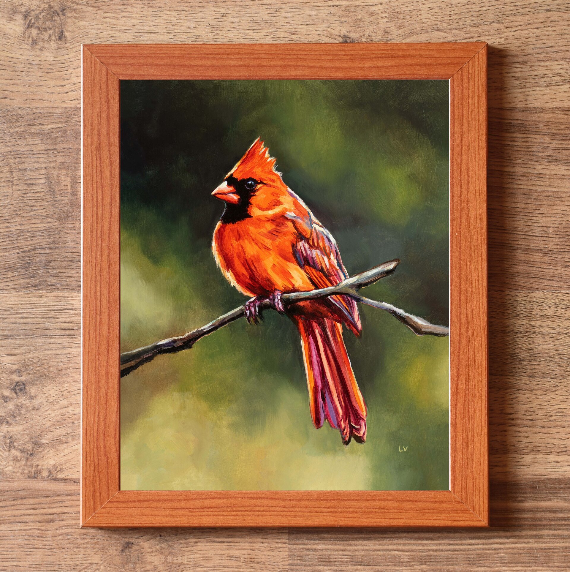 Retrato al óleo de un pajaro cardenal rojo sobre una rama, Pintura de animales - 3