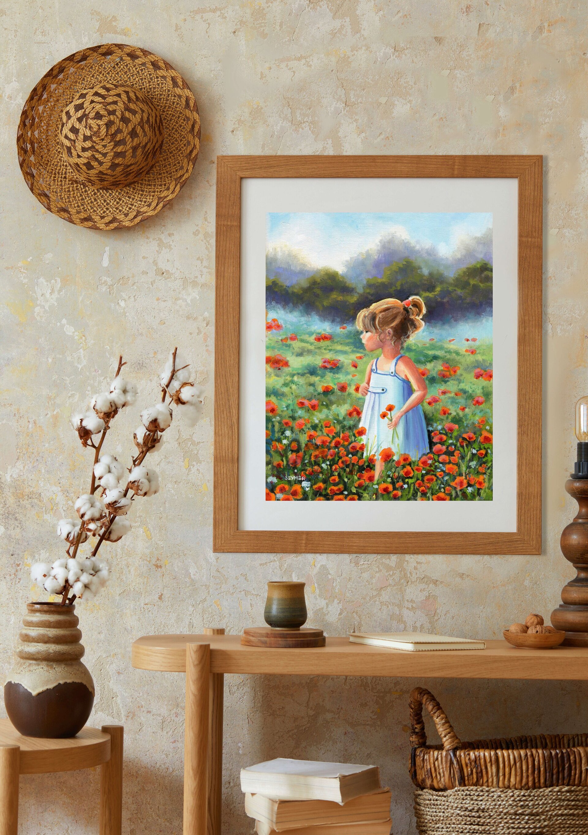 Pintura Niña en campo de amapolas rojas a pleno sol, Luz, color, paz, inocencia - 10