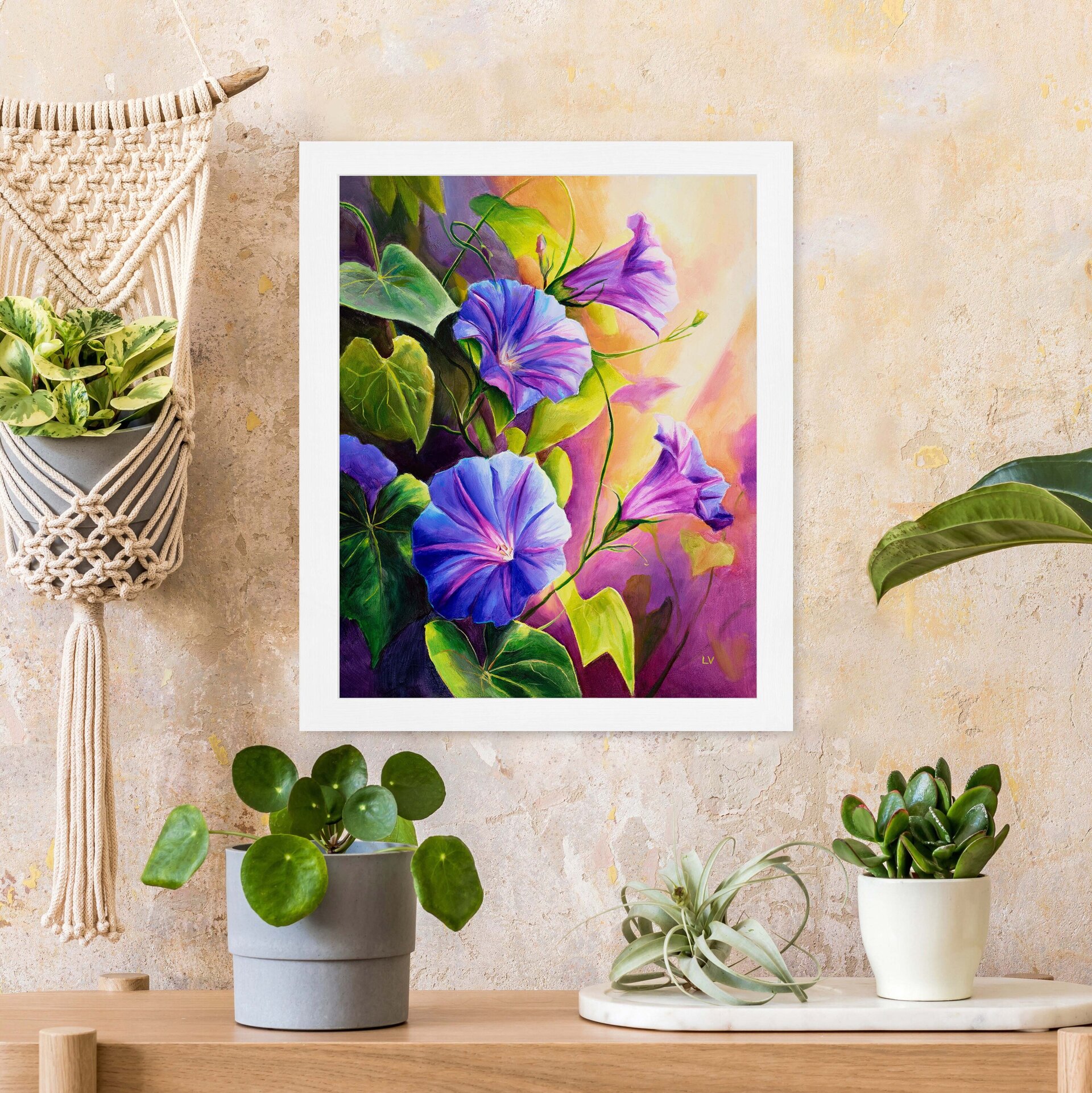 Flores de campanilla moradas en el jardín cuadro al óleo, Pintura botánica - 7