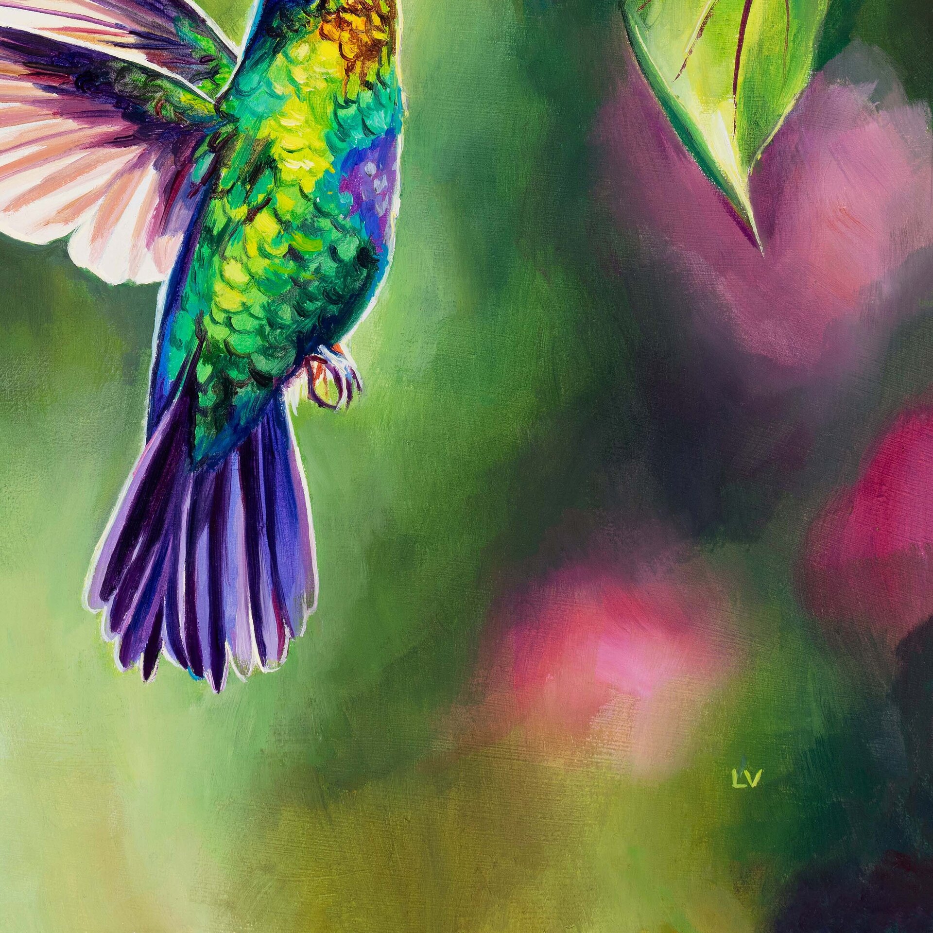 Pájaro colibrí volando con flores tropicales, Cuadro al óleo de ave exótica - 14