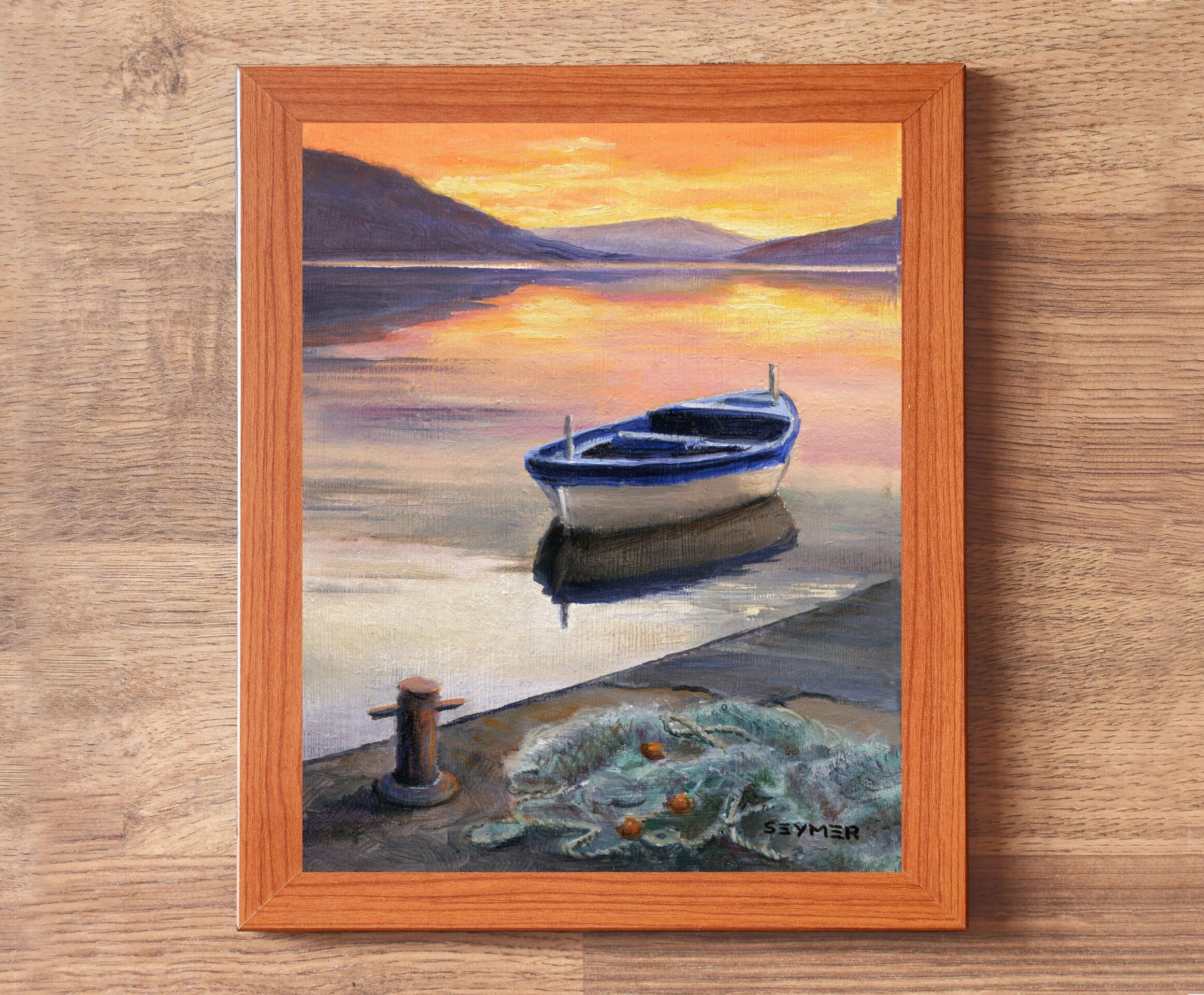 Pintura de barca de pesca con red en muelle al atardecer, Regalo para pescador - 3